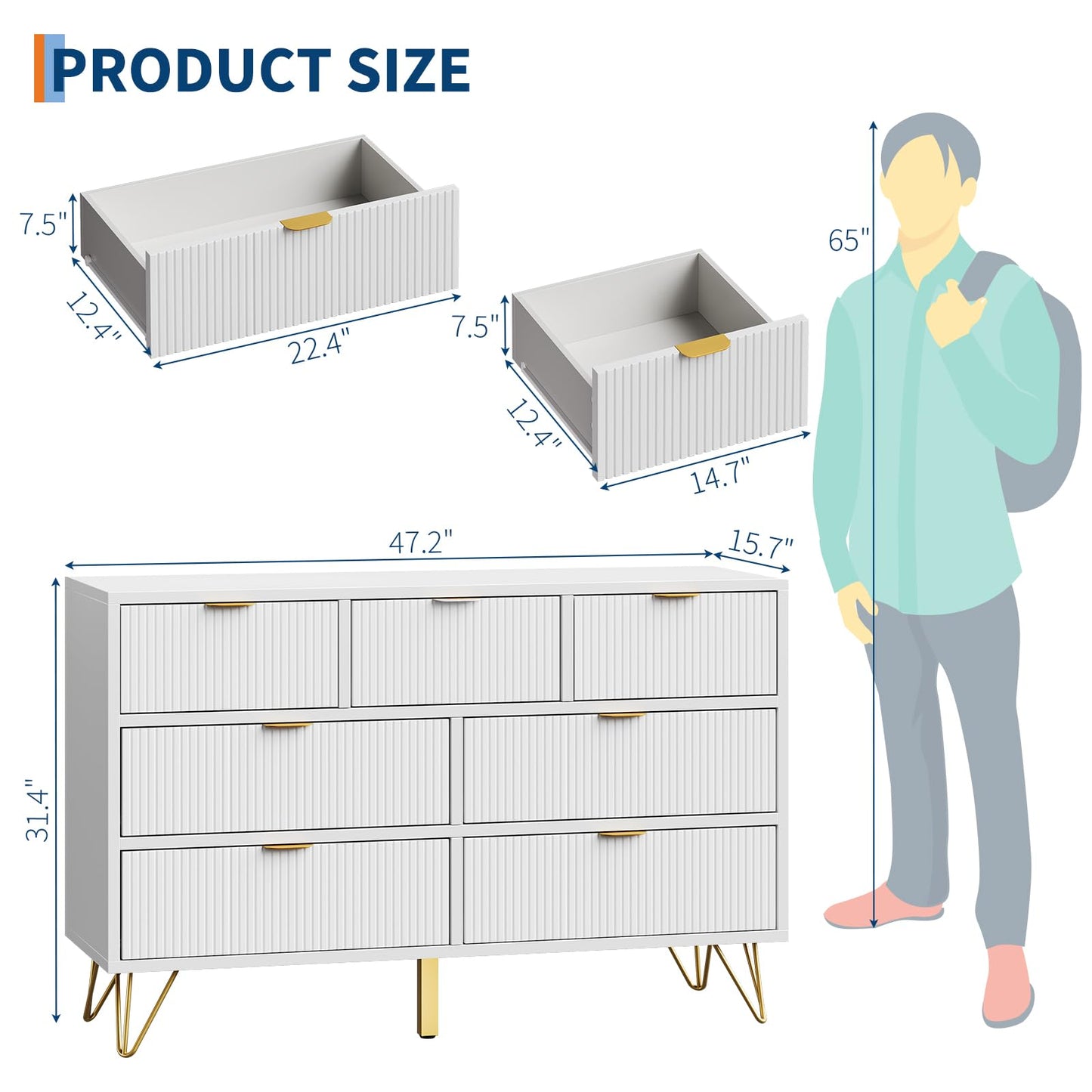 7 Drawer Dresser, 47.2" Wide Modern White Dresser for Bedroom, Wooden Chest of Drawer with Gold Metal Legs and Handles, Narrow Entryway Table Storage Organizer for Living Room, Hallway, Entryway