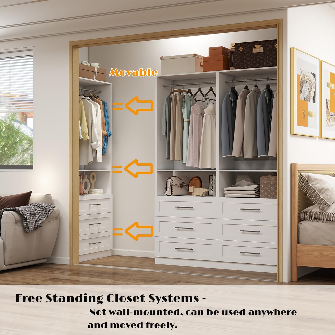 Closet System with 12 Drawers, 8FT-21FT Custom Closet Organizer System Modular Walk in Closet Freestanding Corner Closets Storage with 8 Hanging Rods & 4 Shelves, White (8FT)