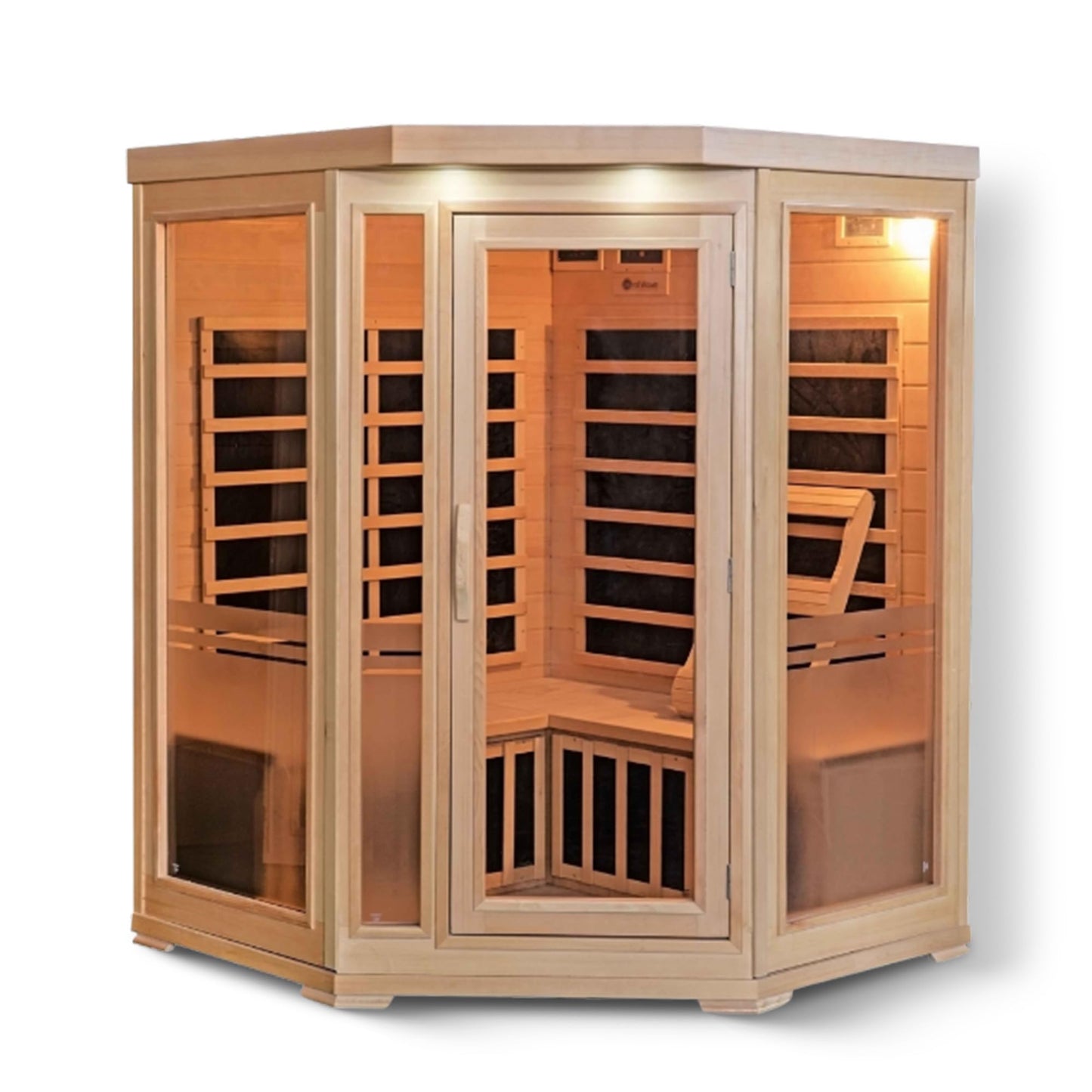 Heat Wave Sonoma 3 Person Corner Infrared Wood Sauna for Home - Thick Hemlock Interior with Chromotherapy Light & 7 Carbon Infrared Heaters for Energy-Efficient, Low EMF Infrared Sauna Relaxation