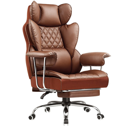 COMHOMA Big and Tall Office Chair, High Back Leather Gaming Chair with Footrest, Executive Ergonomic Office Chairs with Pocket Spring Lumbar Support and with Outward Fixed Soft Armrests