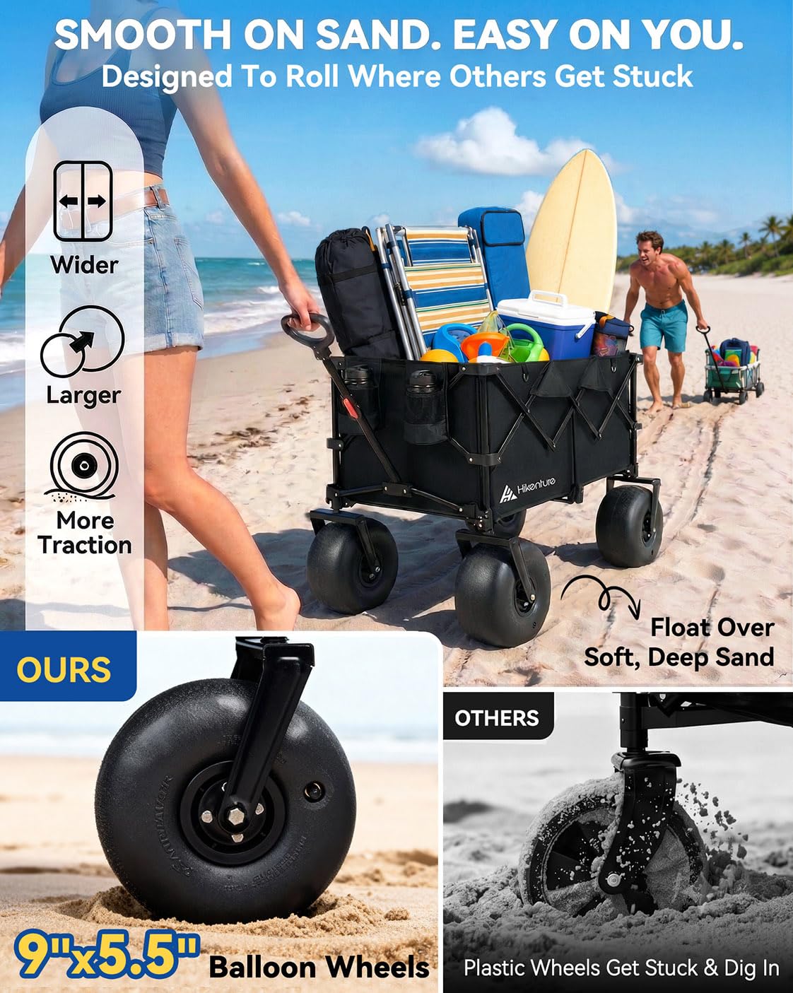 Hikenture Beach Wagon with Balloon Wheels, 9" PU Tires Collapsible Wagon, 440lbs Heavy Duty Beach Cart with Big Wheels for Sand, Large Capacity Utility Wagons Carts Foldable