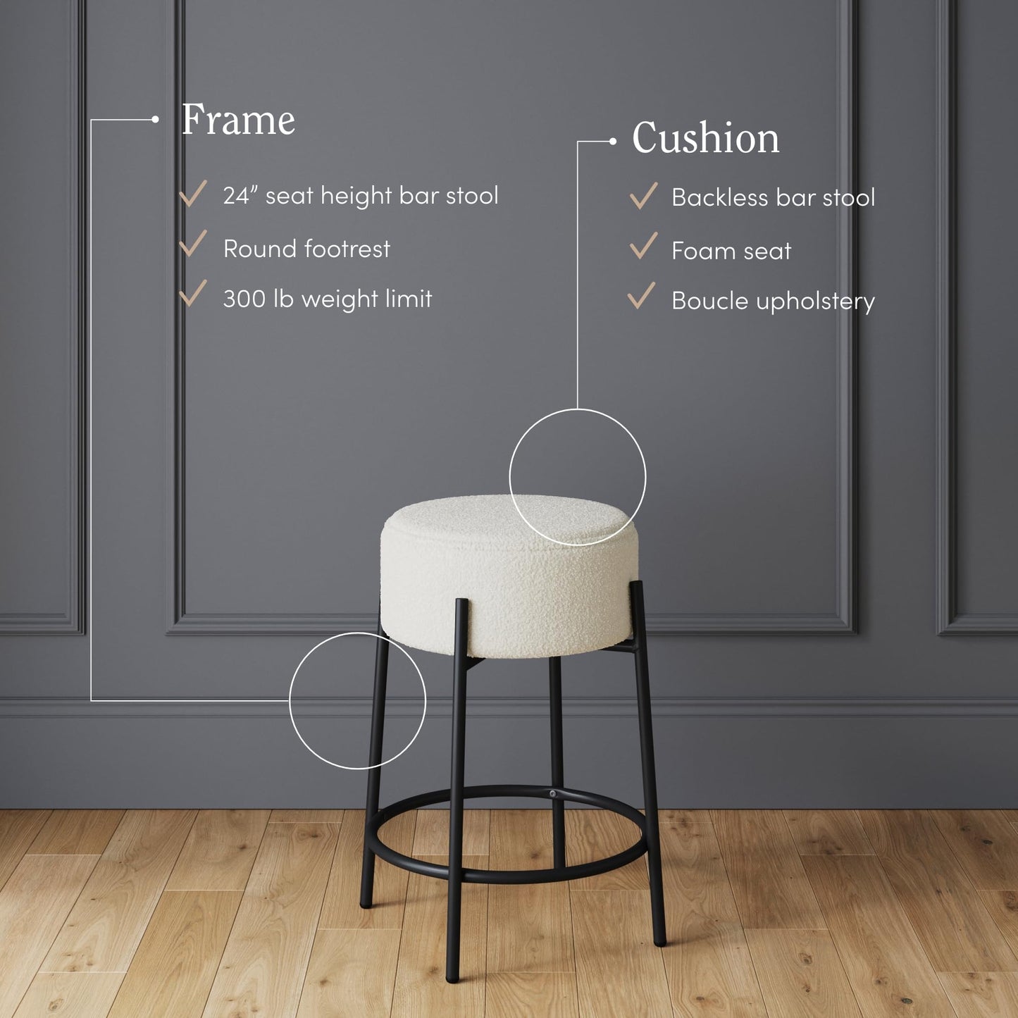 Nathan James Isaac 24" Modern Backless Bar Stool with Round Soft Padded Boucle Seat and Metal Mid-Century Base, Boucle White/Black, Set of 2