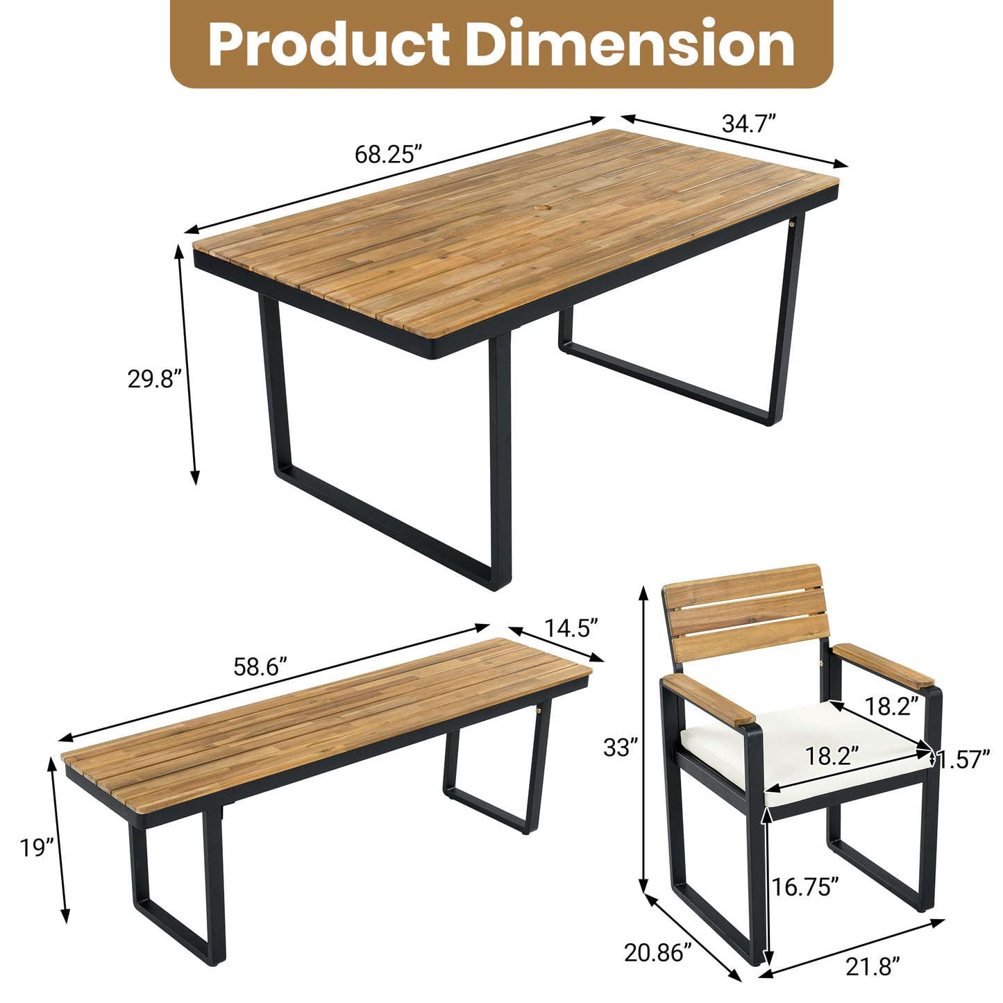 Merax Outdoor Farmhouse Acacia Wood Dining Set of 6, Patio 68 Inch Large Kitchen Table,4 Chairs with Cushions & 1 Bench for 6-7 Person, Patio Dining Furniture Set for Deck, Yard, Porch,Beige