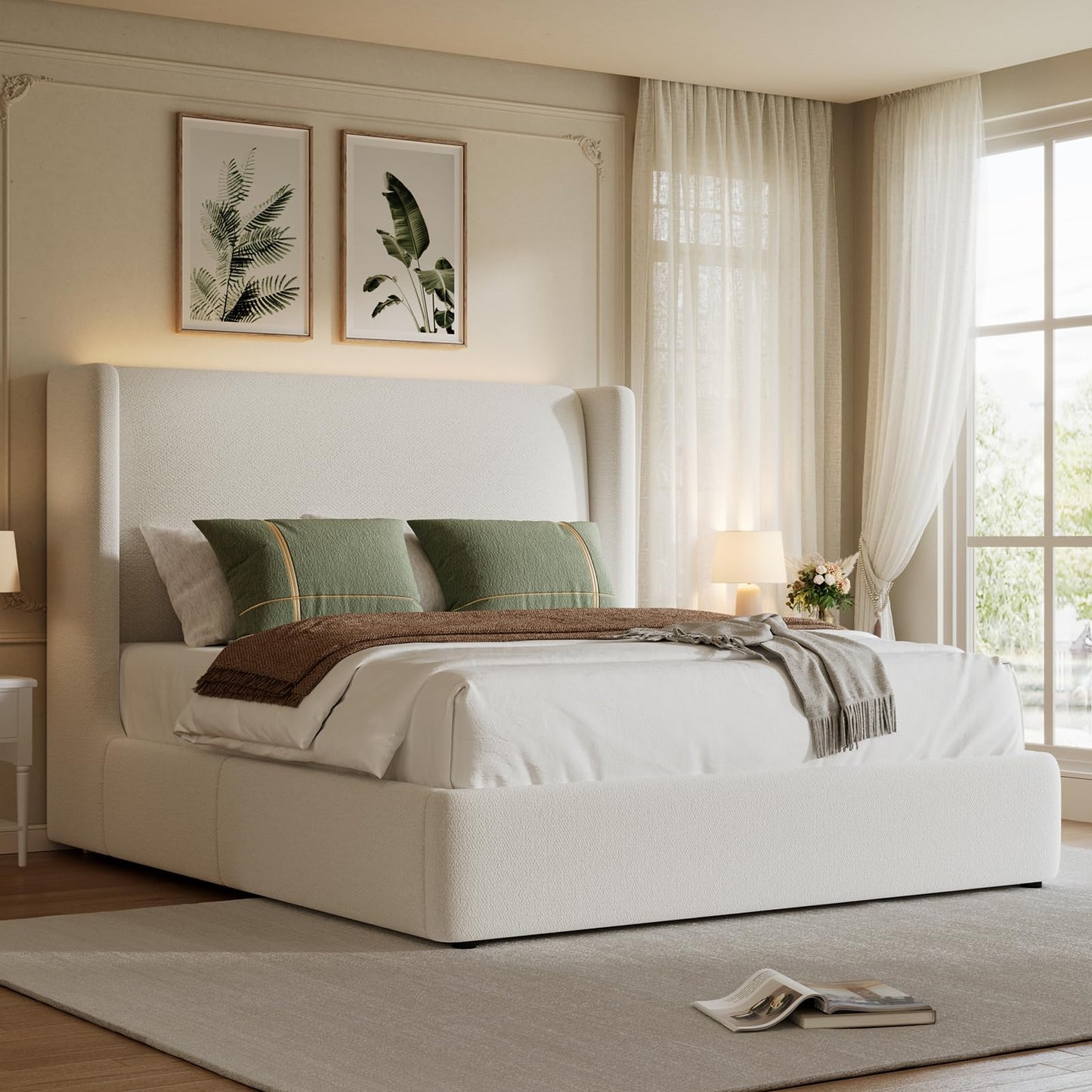 Hizyrina Queen Size Upholstered Bed Frame with 47" Wingback Headboard & LED Lights, Chenille Platform Bedframe with Wooden Slat Support, Non-Slip/Noise-Free/No Box Spring Needed/Easy Assembly, White