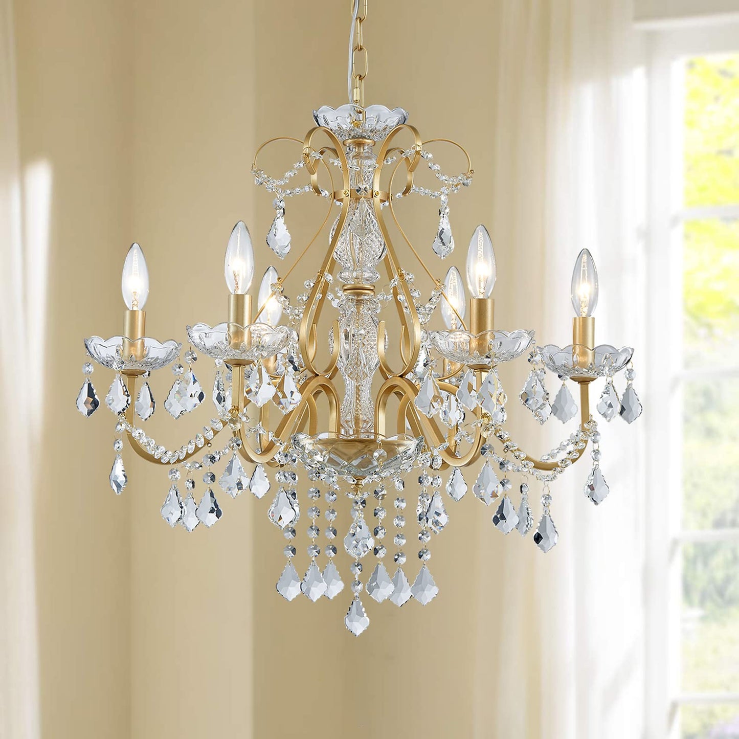 Bestier Gold Vintage Candle Chandelier Lighting Fixture for Dining Room, 6 E12 Bulbs Required, D24in x H26in