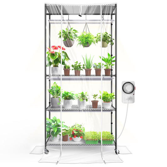 Barrina CX3Z Indoor Greenhouse with Grow Light, Full Spectrum 3FT 108W Plant Growing Lamp, 4-Tier Metal Plant Stand with Zippered EVA Cover, Wheels & Timer, 35.4"x13.8"x70.9"