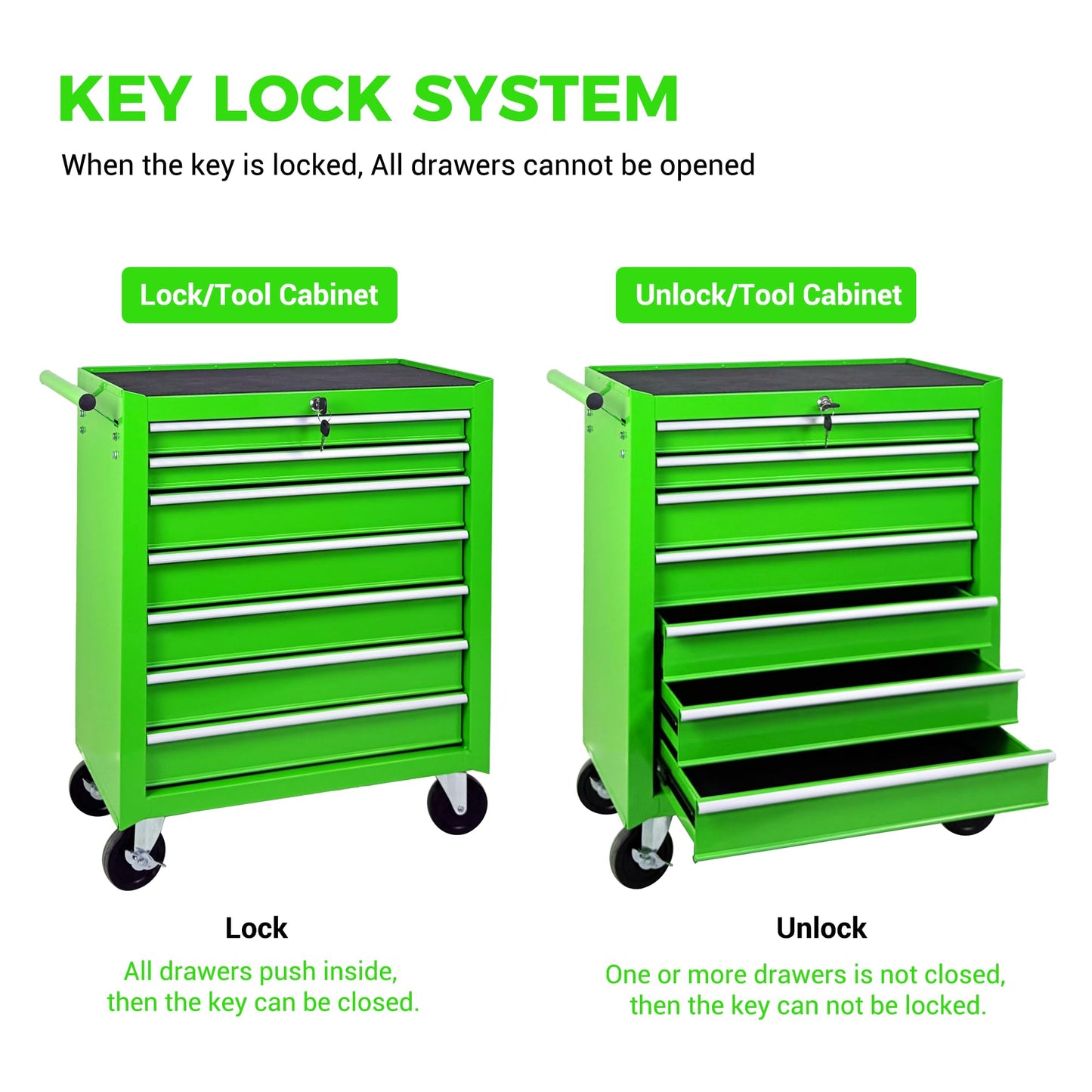 KEIKI Rolling Metal Tool Box with 7 Drawers, Tool Chest with Wheels, Multifunctional Tool Cart Mechanic Tool Storage Cabinet for Garage, Warehouse, Workshop, Repair Shop, Green