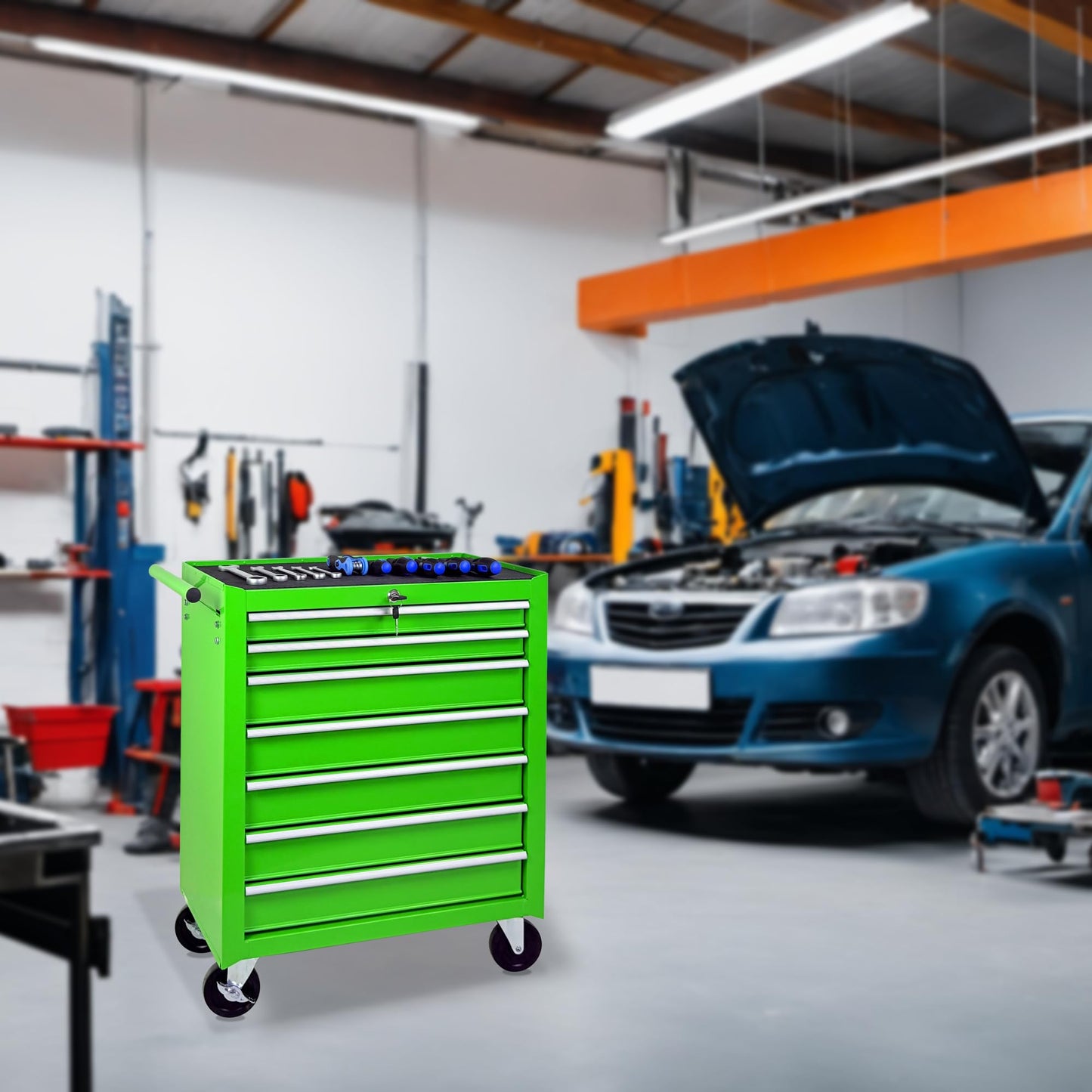KEIKI Rolling Metal Tool Box with 7 Drawers, Tool Chest with Wheels, Multifunctional Tool Cart Mechanic Tool Storage Cabinet for Garage, Warehouse, Workshop, Repair Shop, Green