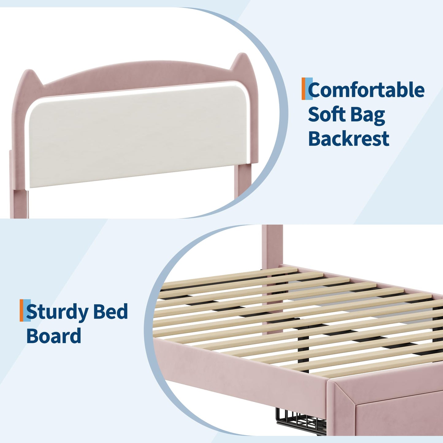 Full Size Princess Bed Frame with LED Lights & Storage Drawer - Pink Velvet Upholstered Cat Headboard Platform Bed for Kid- Sturdy Wood Slats, No Box Spring Needed, App & Remote Control,Pink & White
