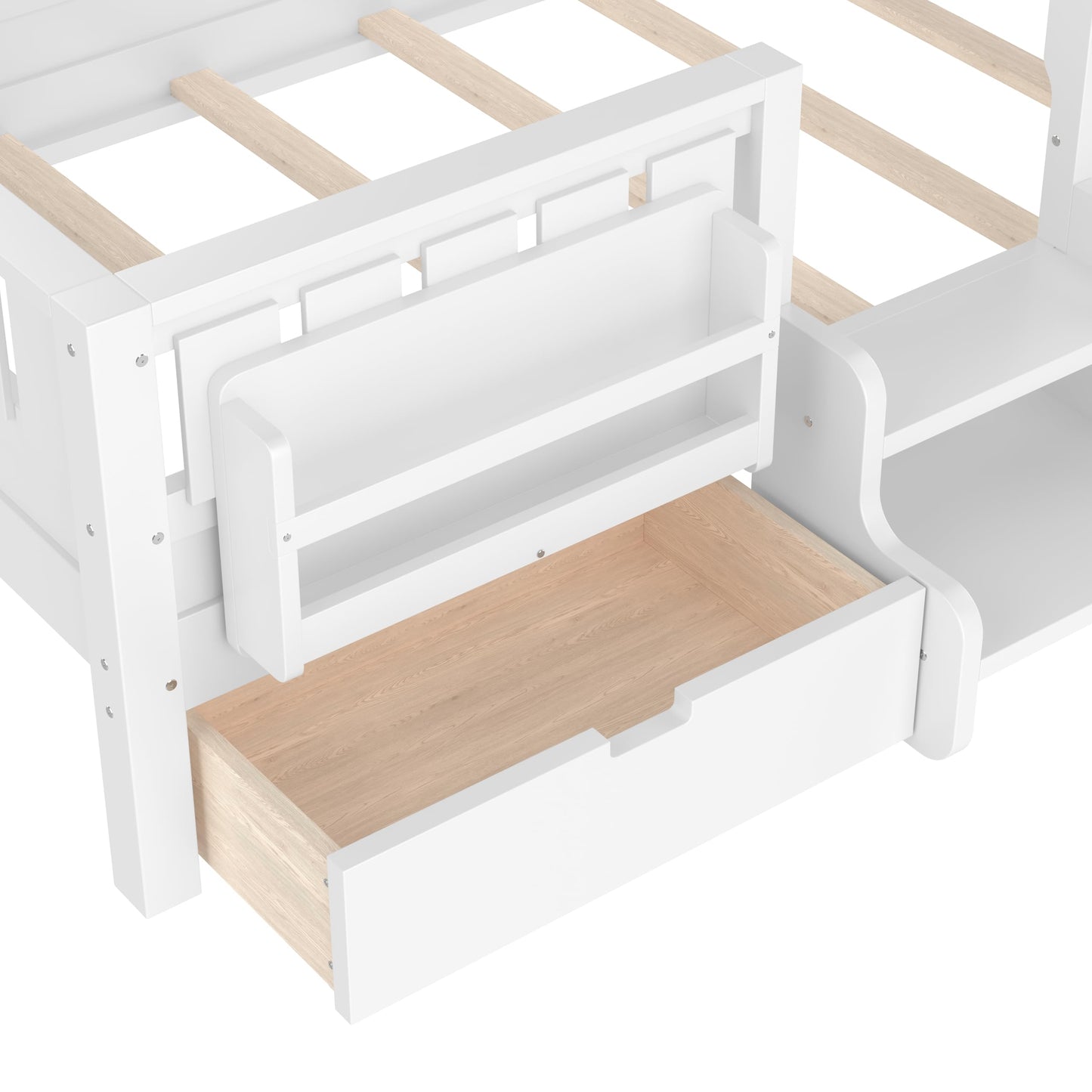 Bellemave Twin Bed with Slats and Stairs, Twin Size Platform Bed Frame with Fence, Bookshelf and Storage Drawers, Easy Assemble Beds for Kids, Girls, Boys, White