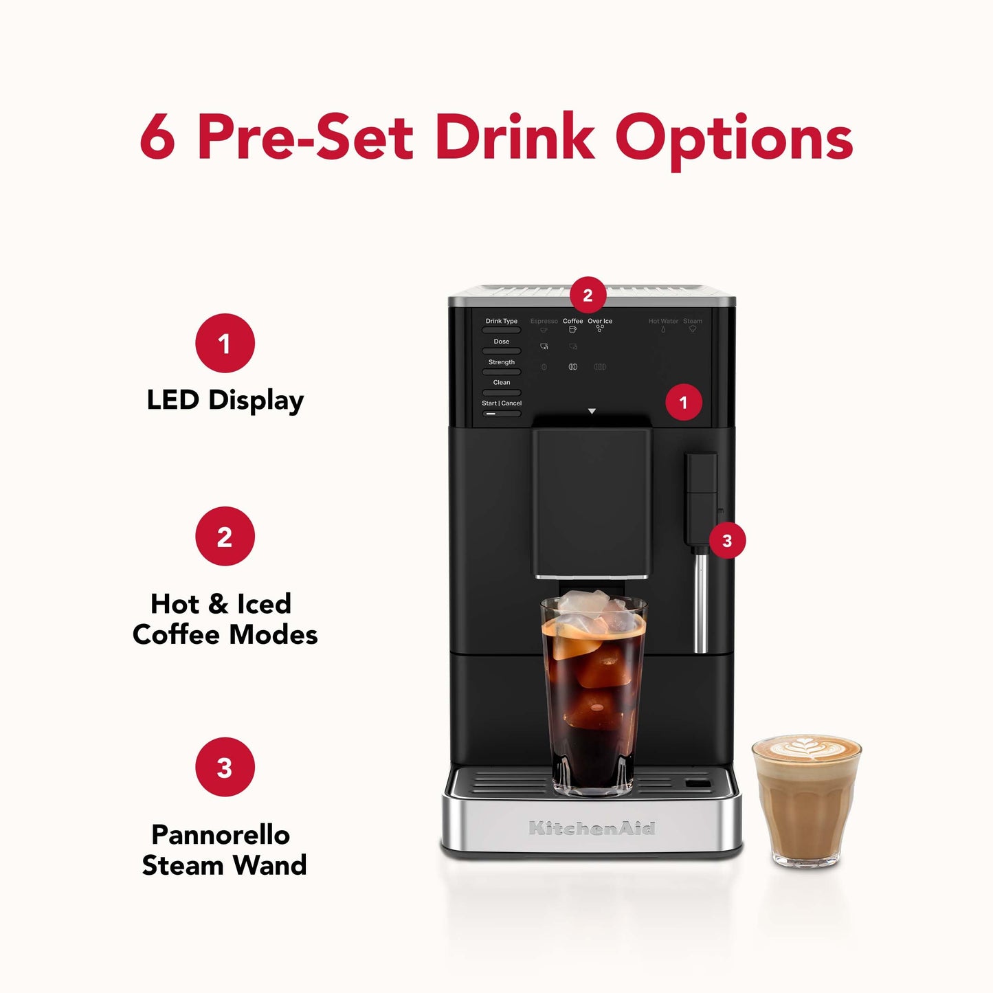 KitchenAid Fully Automatic Espresso Machine KF2 with 6 Hot and Iced Coffee Options | Built-In Grinder | Steam Wand, Black Matte KES8452