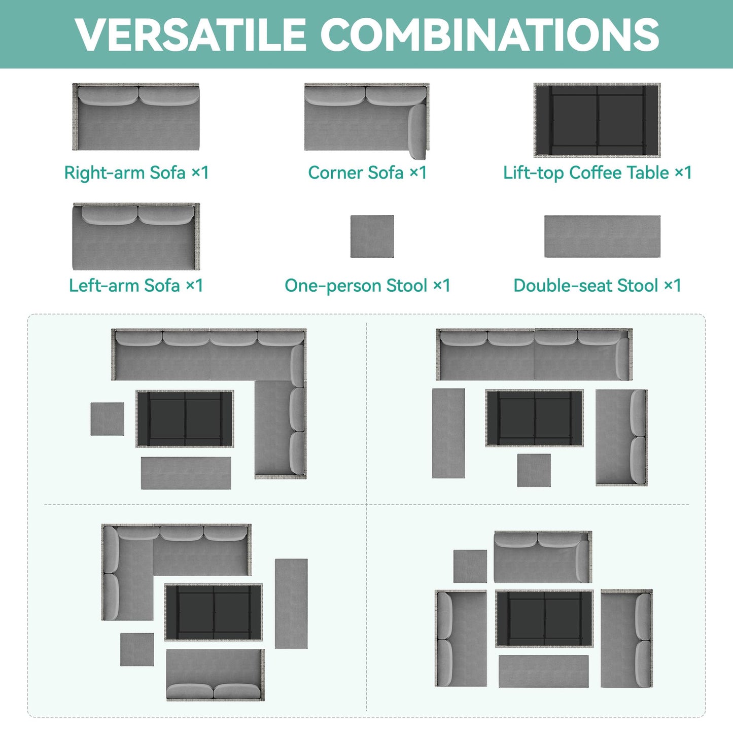 YITAHOME 9PCS Patio Furniture Set with Lift-Top Coffee Table & Ottoman, Outdoor Modular Sectional Sofa, Waterproof Patio Conversation Set, All-Weather Patio Sofa, Outdoor Couch for Deck Backyard