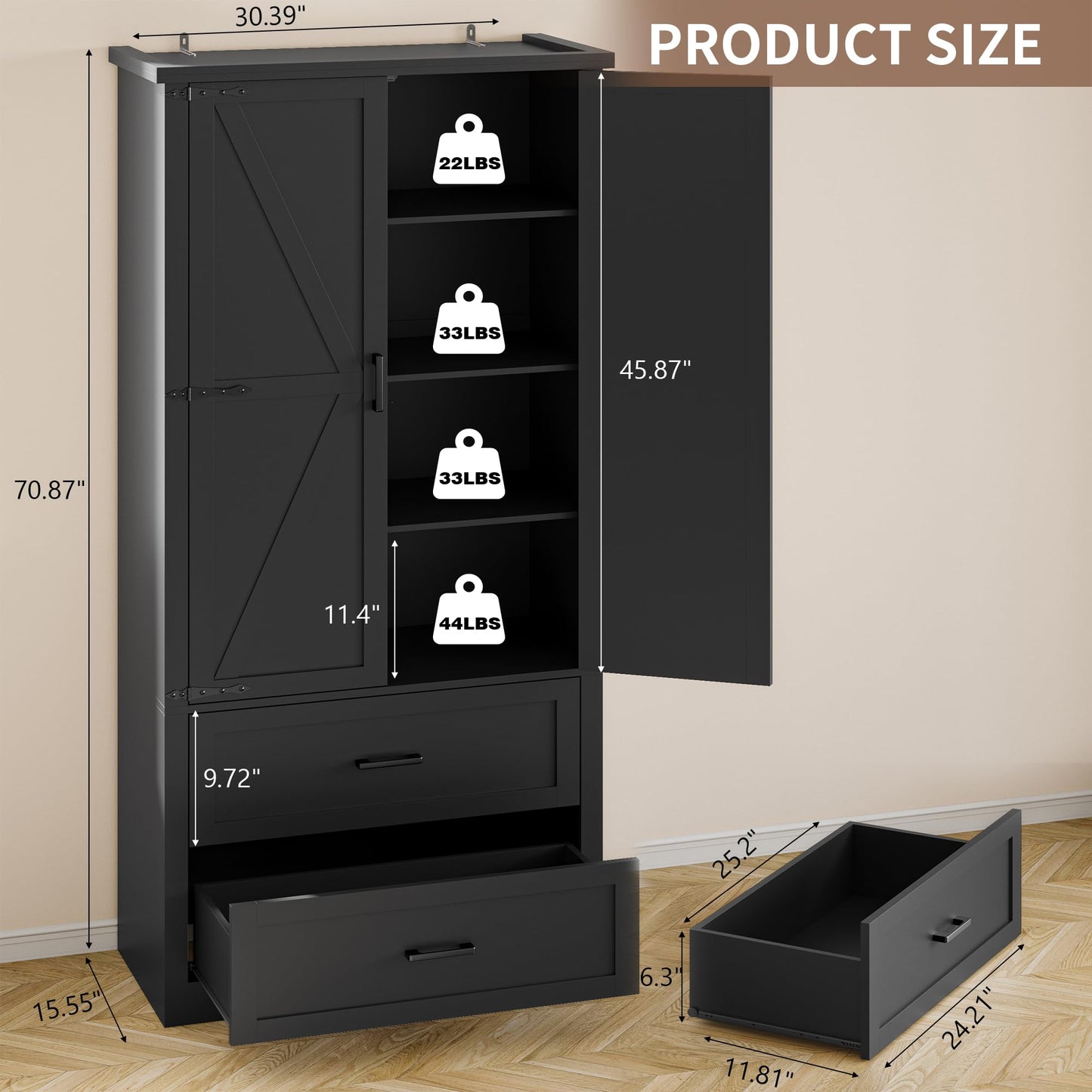 BORNOON Pantry Organizers and Storage Cabinet, 71” Barn Door White Kitchen Cabinet with Drawers and Adjustable Shelf, Tall Pantry for Kitchen, Dining Room, Living Room. Bathroom and Office
