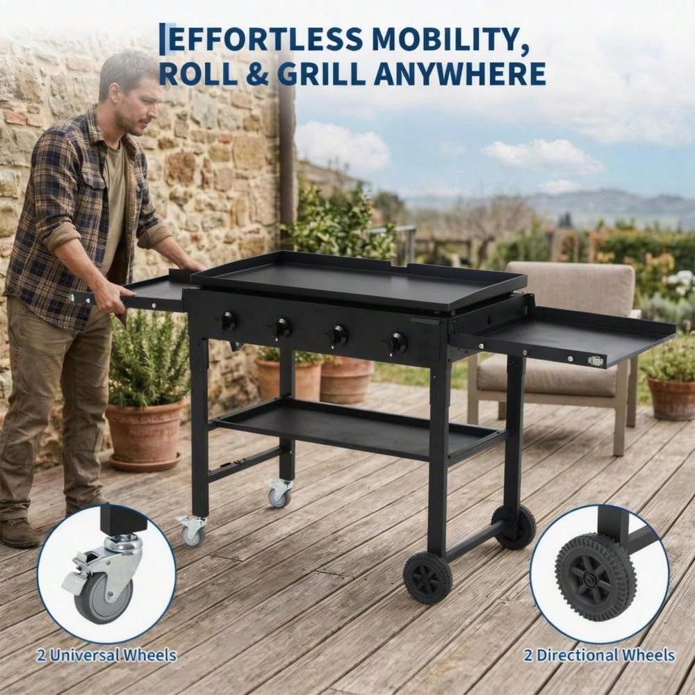 36-Inch Flat Top Gas Griddle, 4-Burner Propane Grill Station (60,000 BTU) with Foldable Shelves & Wheels, Heavy Duty Cast Iron Outdoor Flattop Grill for Backyard BBQ, RV Camping & Pan-Frying