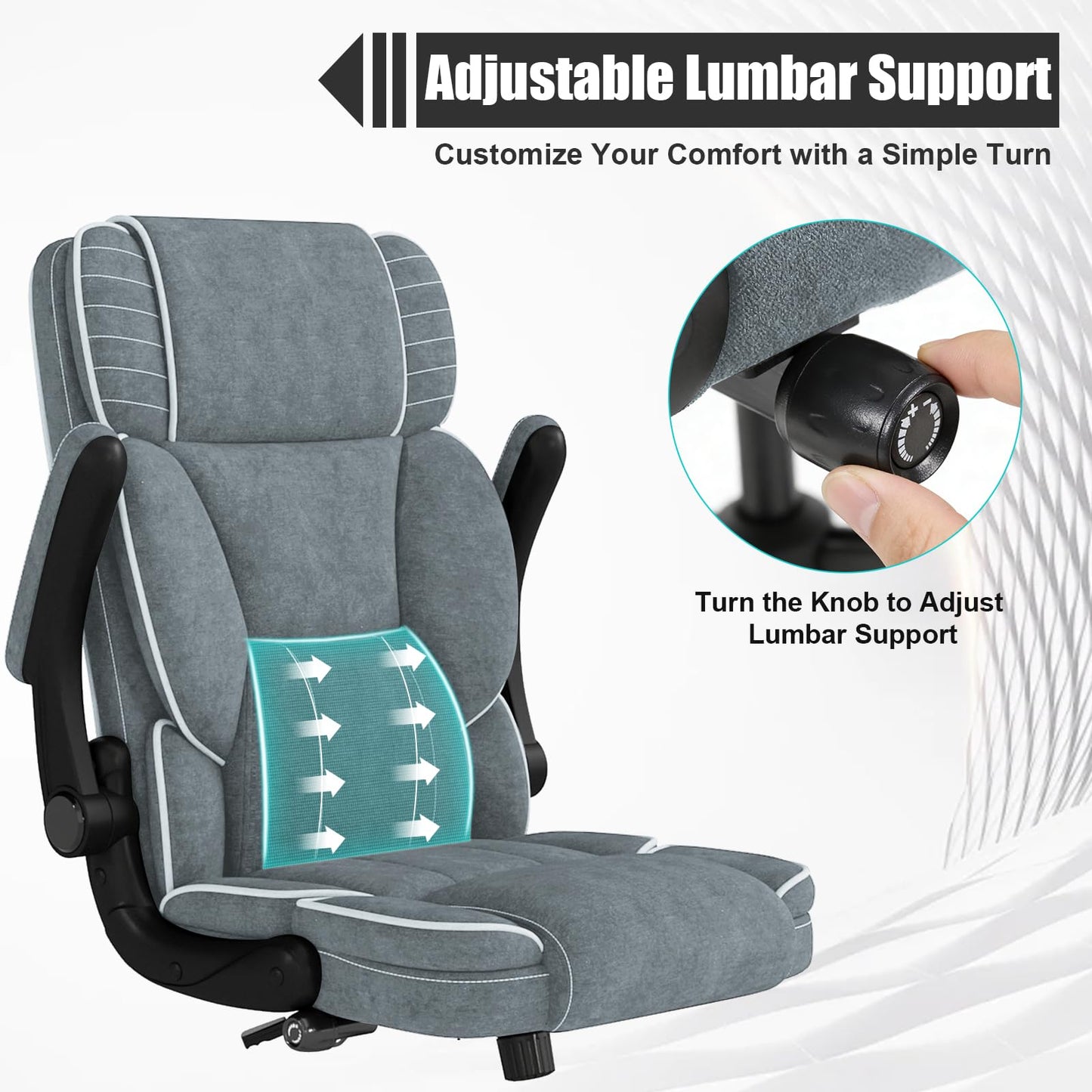 Big and Tall Office Chair with Adjustable Lumbar Support,Breathable Fabric High Back Desk Computer Chair with Adjustable Flip-up Armrests,Ergonomic Swivel PC Chair with Rocking Function