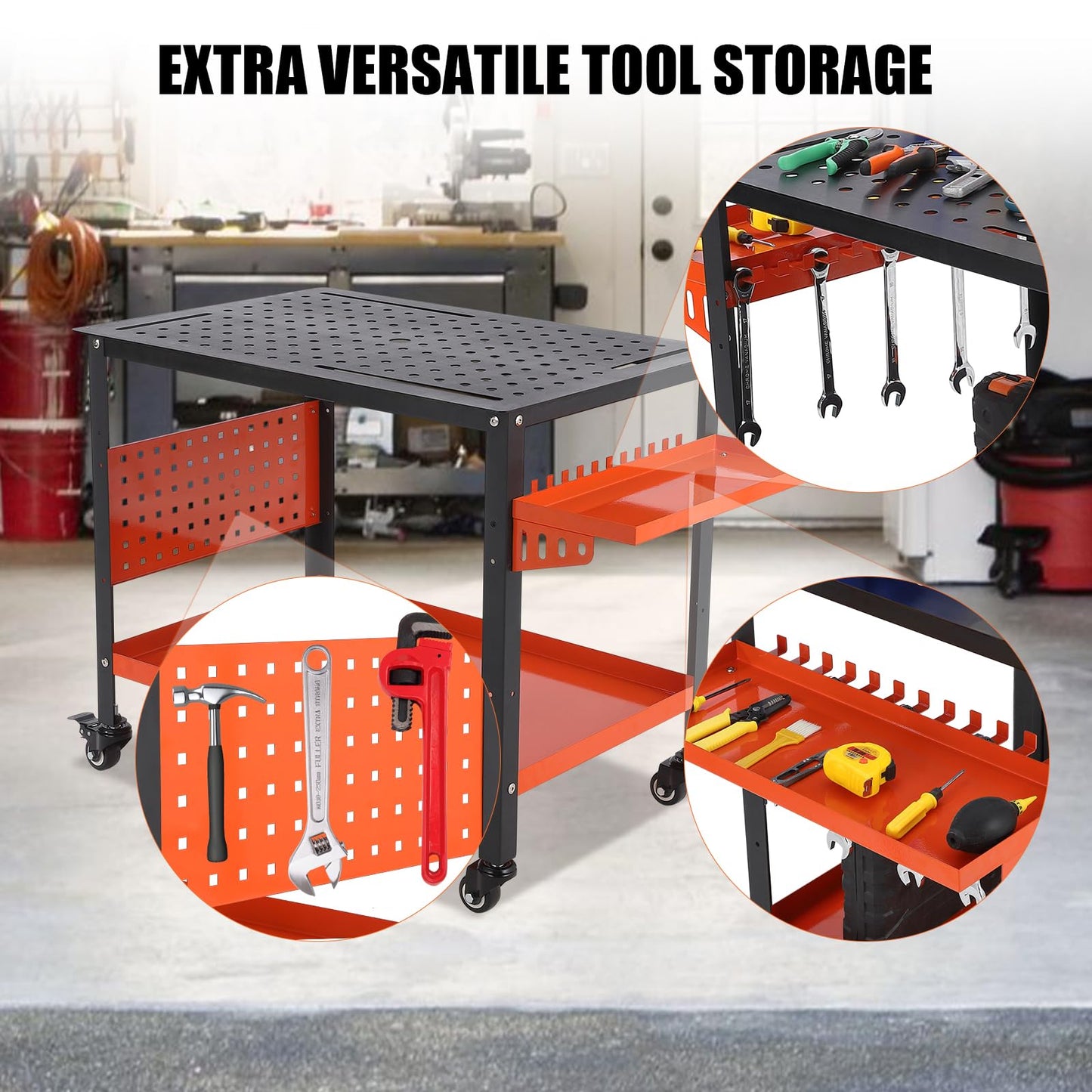 36x24 Steel Welding Table,1200 Lb Portable Welding Fixture Table for Shop,Rolling Welding Table with 5/8" Holes for Shop Garage (Orange, with Tool Tray)