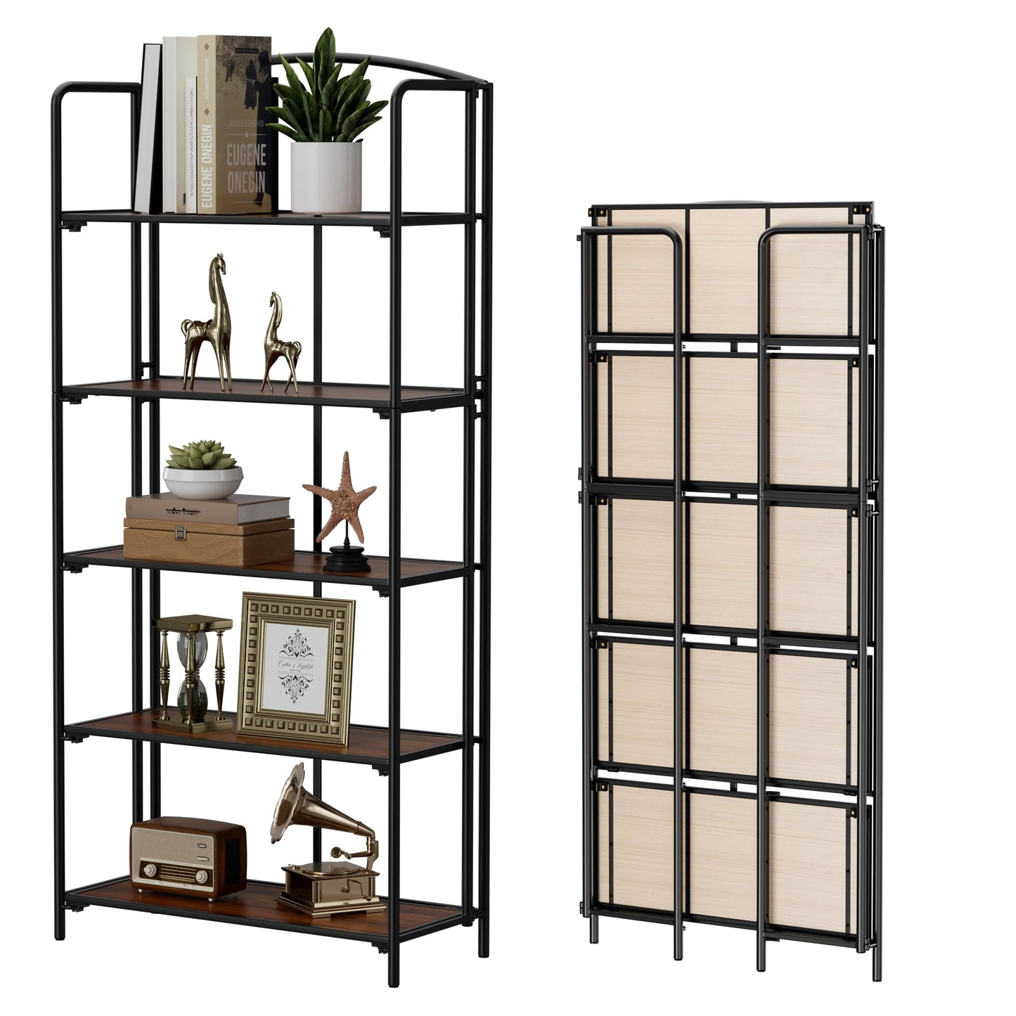 Crofy 5-Tier Wider Foldable Bookshelf, Black Frame & Walnut Shelves