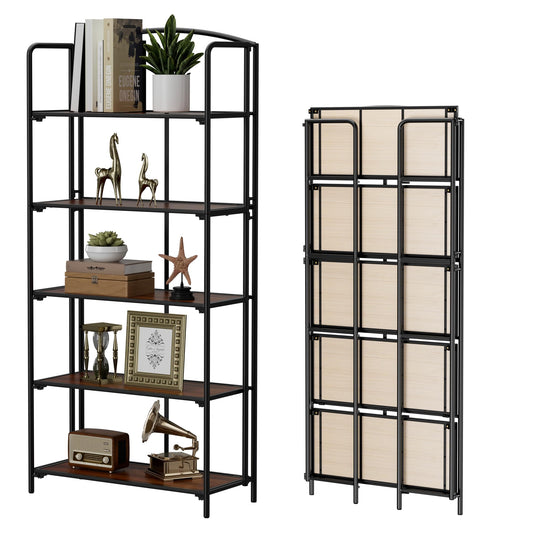 Crofy 5-Tier Wider Foldable Bookshelf, Black Frame & Walnut Shelves