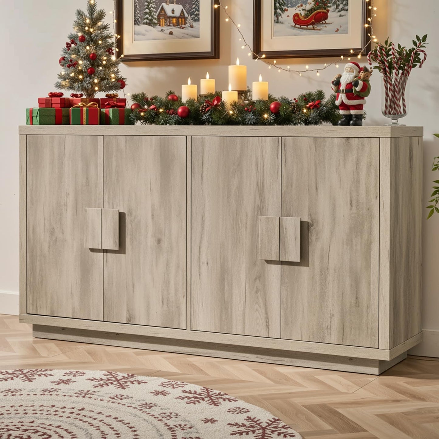 ONBRILL Buffet Cabinet with Storage, 63" Sideboard Cabinet with 4 Doors & Shelves, Wooden Kitchen Coffee Bar Credenza Storage for Living Room, Hallway (63" Wide), Light Grey