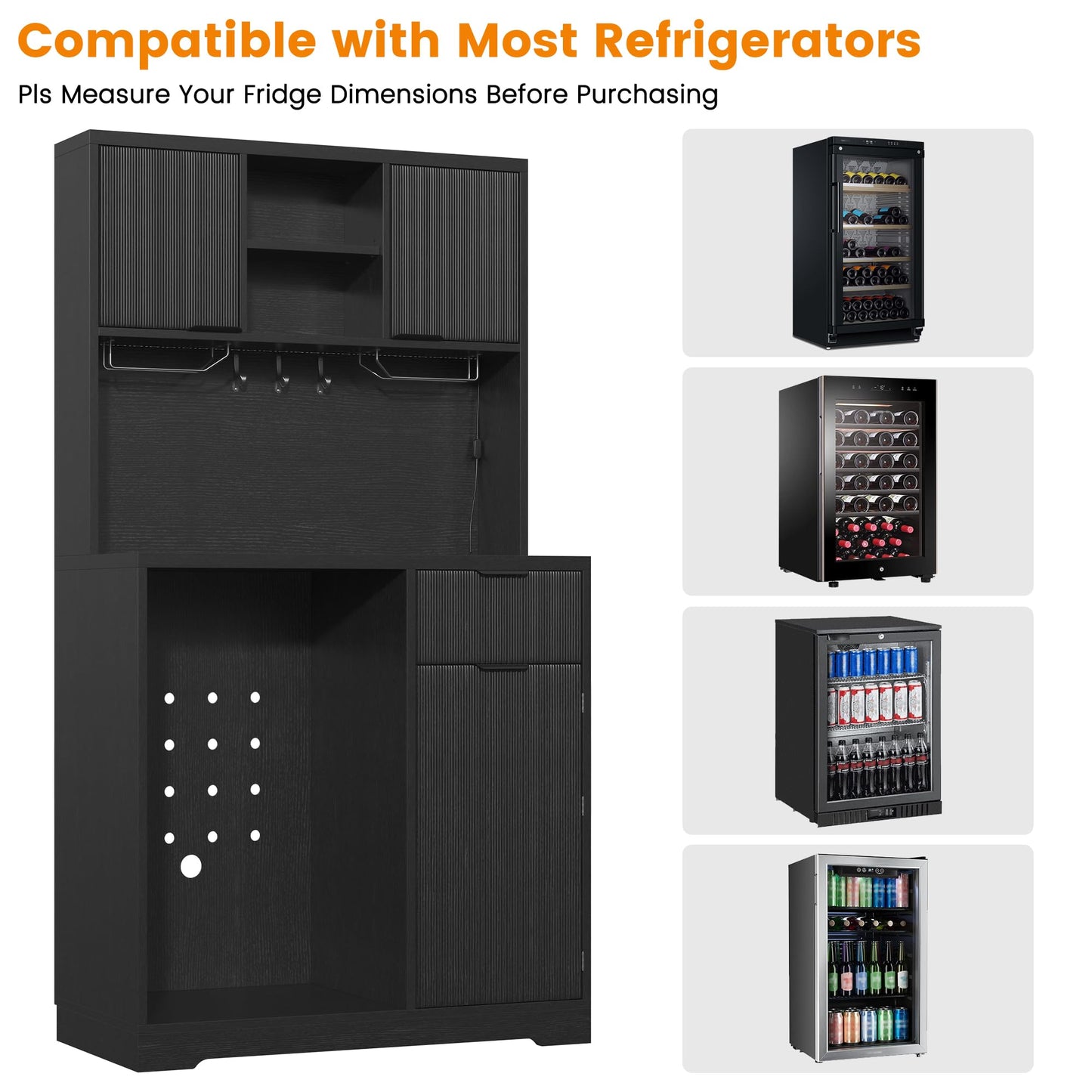 kepptory 72" Mini Fridge Cabinet with Storage, Coffee Bar Cabinet with Mini Fridge, Tall Coffee Bar Station with RGB LED Light, Wine Glass Holder, for Home Kitchen Living Room, Black