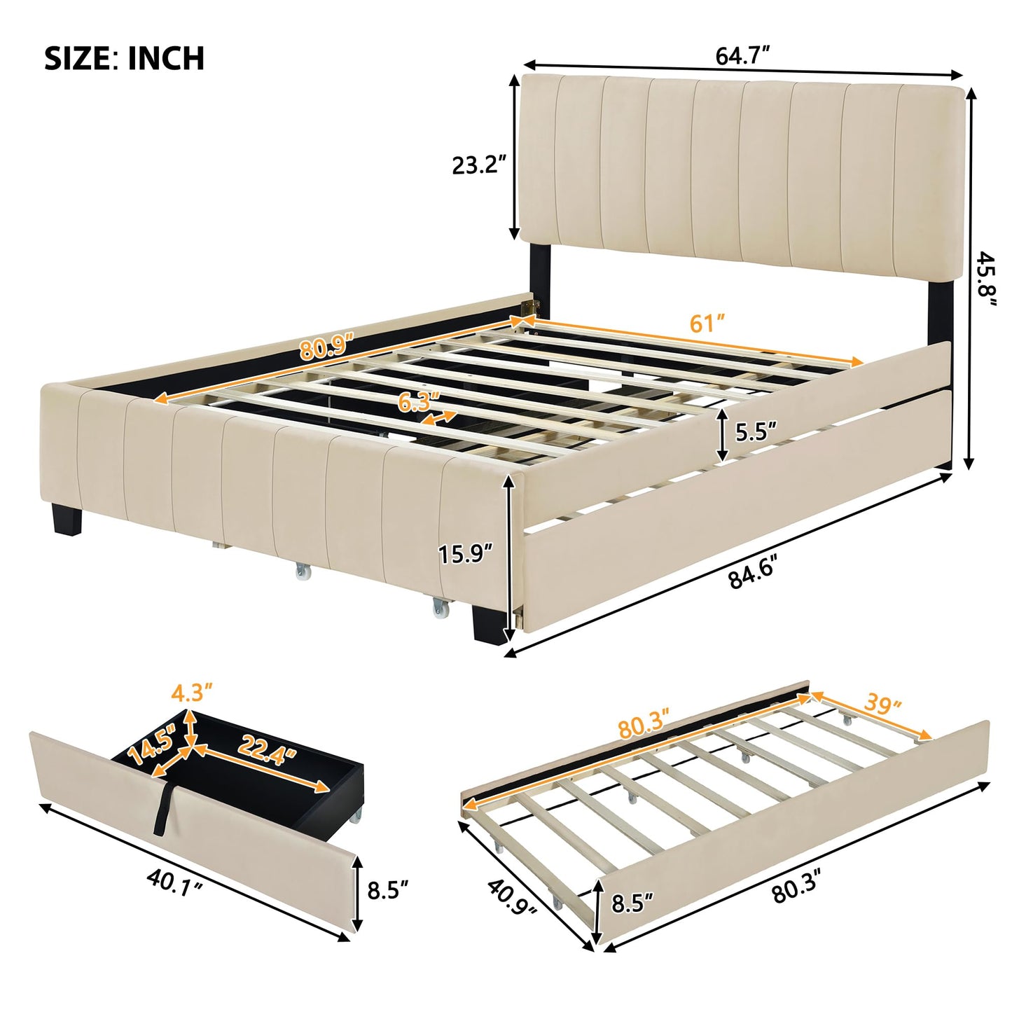 Bellemave Queen Size Upholstered Bed Frame with 2 Drawers & 1 Twin XL Trundle, Velvet Platform Storage Bedframe Mattress Foundation, Queen Trundle Bed Frame,Easy Assembly,Beige