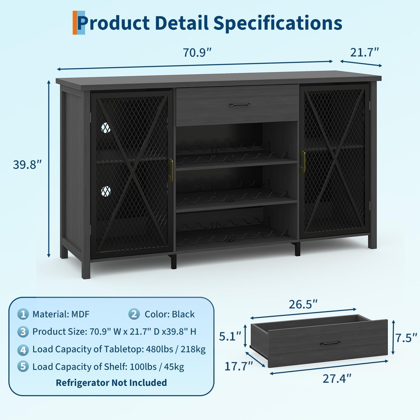71'' Coffee Bar Cabinet Liquor Wine Bar Sideboard Buffet with Fridge Space