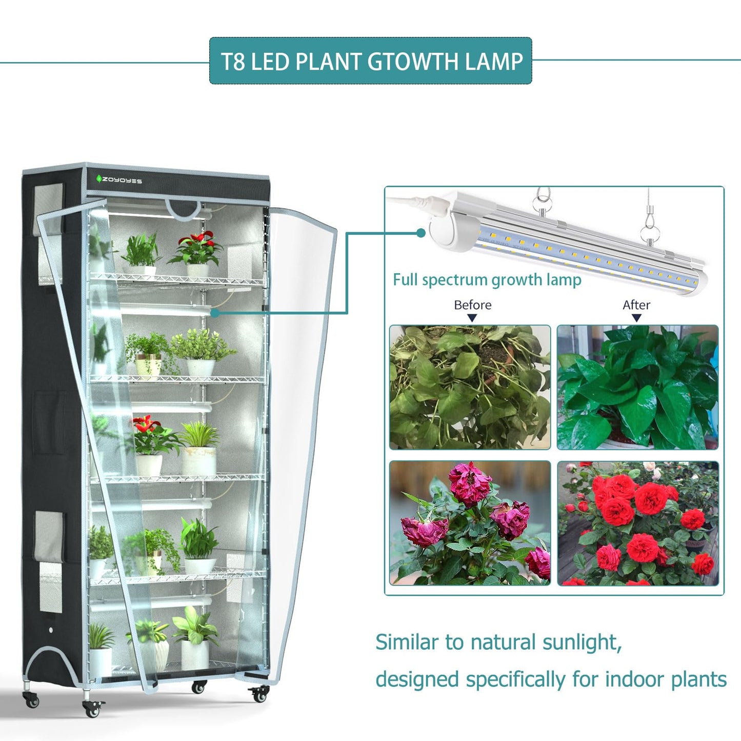 ZOYOYES Indoor Greenhouse 6-Tier Plant Rack with Cover & 5 T8 Grow Lights