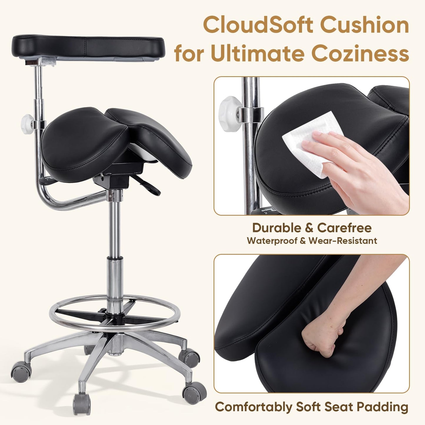 LIMKOMES Round Rolling Stool&Split Seats and Footrest Dental Chair with Rotatable Armrests for Dentist Office Shop Home