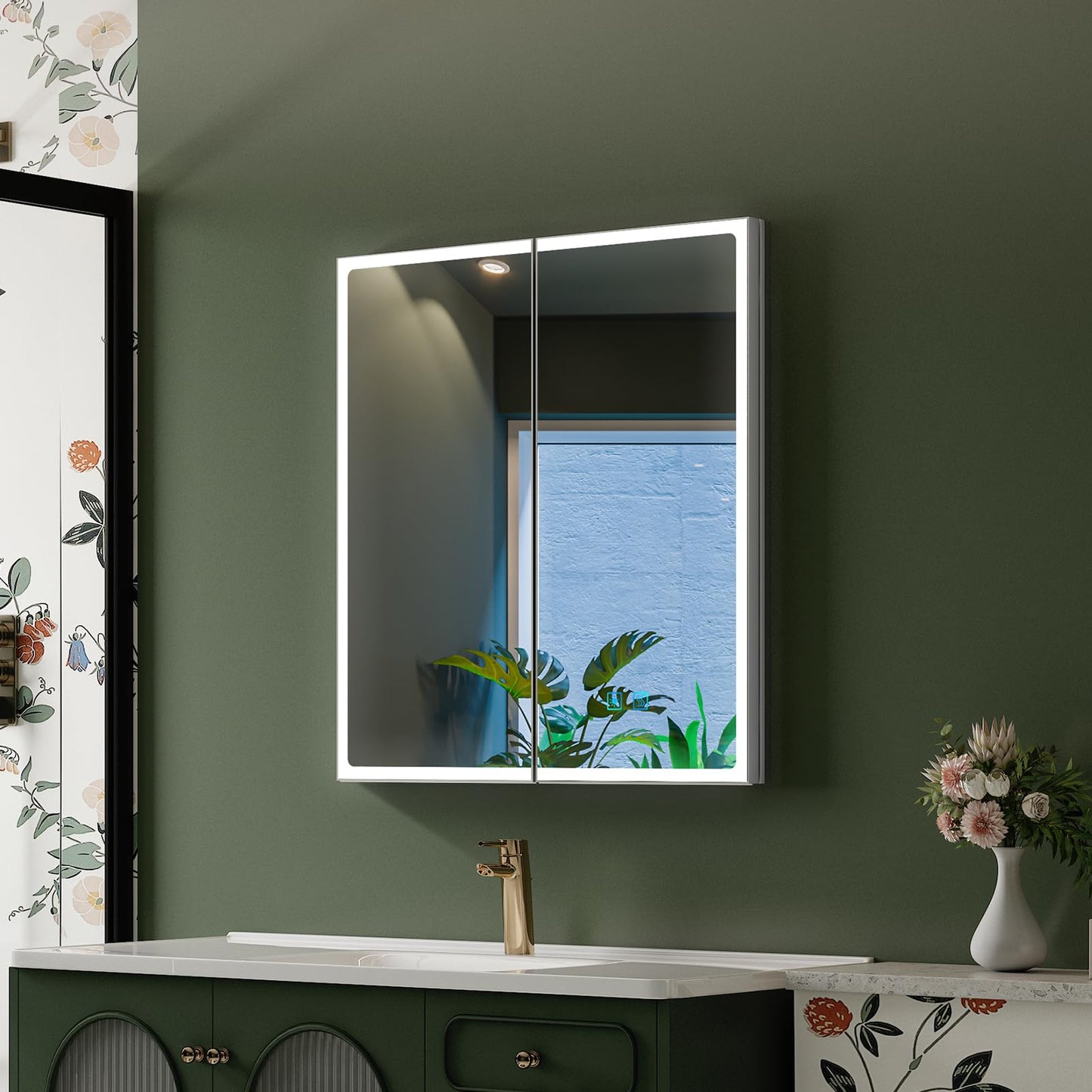 Quavikey 24"x26" LED Mirrored Medicine Cabinet, Recessed or Surface, 2-Door