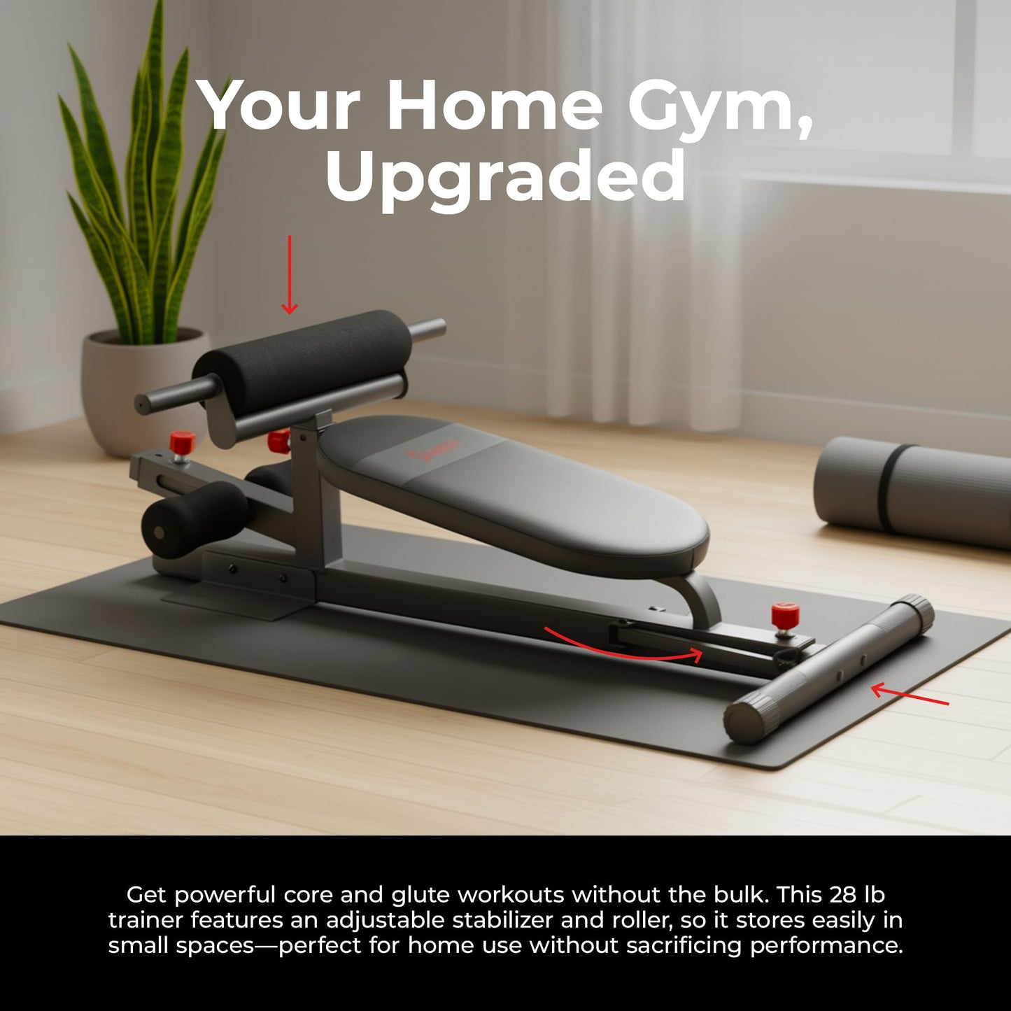 Sunny Health & Fitness Hip Thrust Machine for Home Gym, Multifunction Glute Trainer & Squat Machine, Core Workout Equipment with Resistance Bands, Adjustable Space-Saving Design