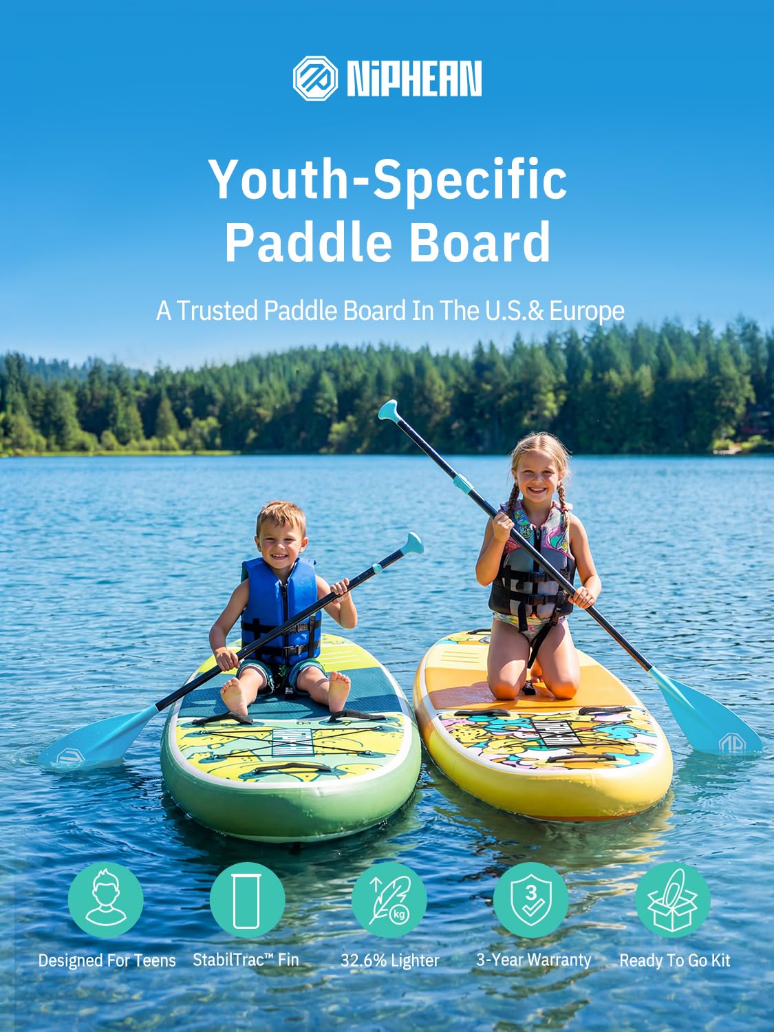 Niphean (Extra Large) Inflatable Paddle Board, SUP for 2+1 People/Family 500lbs Capacity Stand Up Paddle Board with SUP Accessories, StabilTrac Fin Non-Slip Paddleboard for Adults-Yellow
