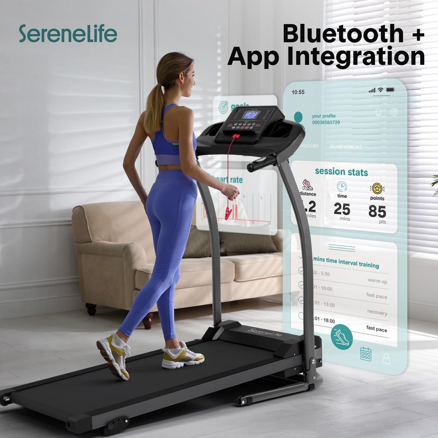 SereneLife Folding Exercise Running Treadmill Machine, Upgraded Electric Motorized Exercise Equipment with 12 Pre-Set Program, 4 Incline Level, Bluetooth Music and App Support for Home Gym or Office