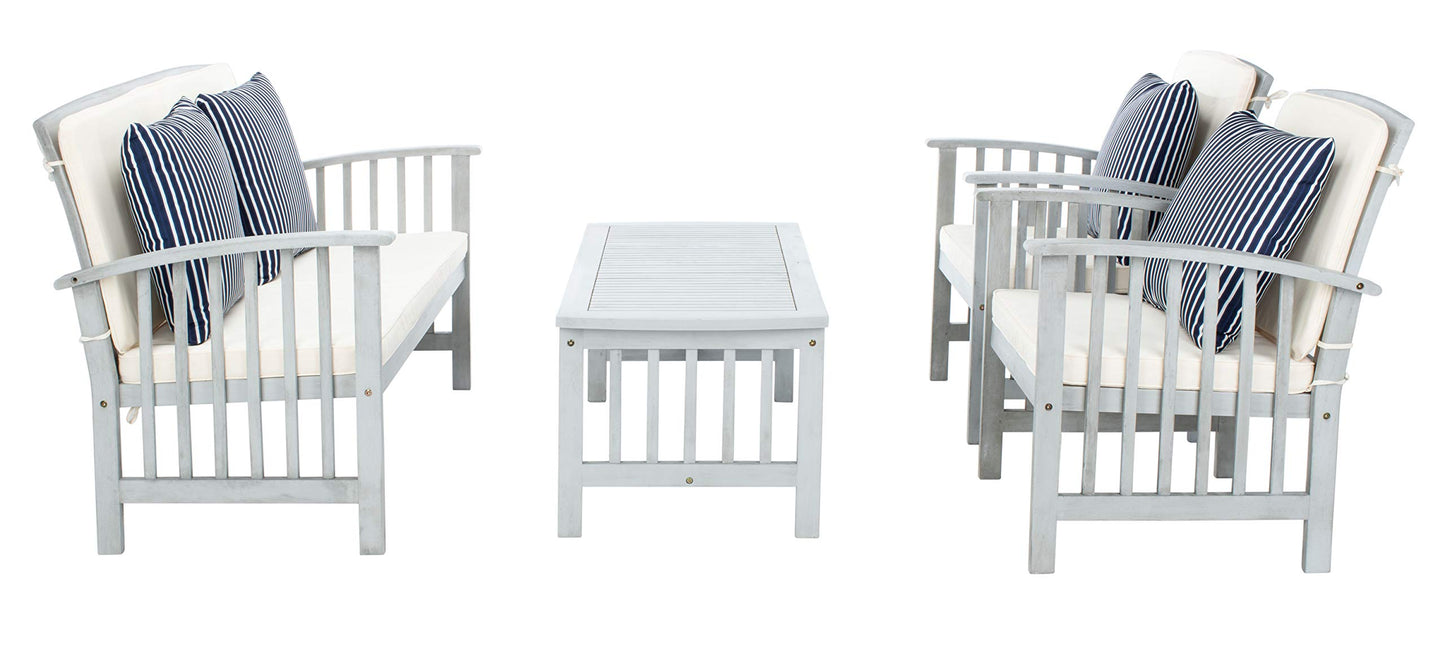 SAFAVIEH Outdoor Collection Rocklin Grey / Beige Cushions/ Stripe Pillows 4-Piece Conversation Patio Set