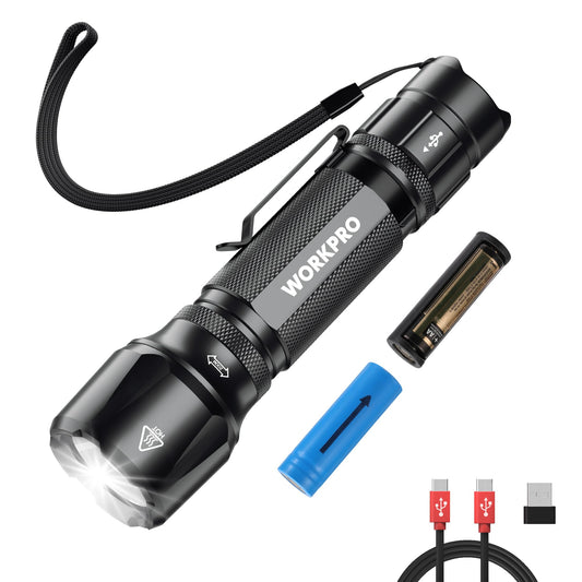 WORKPRO 1200LM Rechargeable Tactical Flashlight, Mini EDC, 7 Light Modes, Zoomable, Aluminum, Black, Model W139025