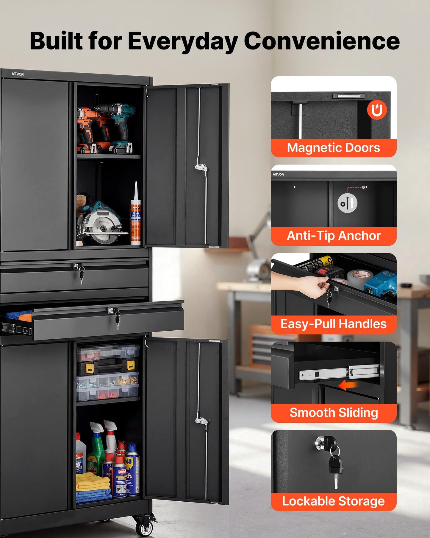 VEVOR Metal Storage Cabinet with Wheels, 180 lbs Shelf Load Capacity, 75" Tall Rolling Garage Tool Storage Cabinet with 4 Locking Doors and Adjustable Shelves, 2 Drawers, for Garage, Office, Home