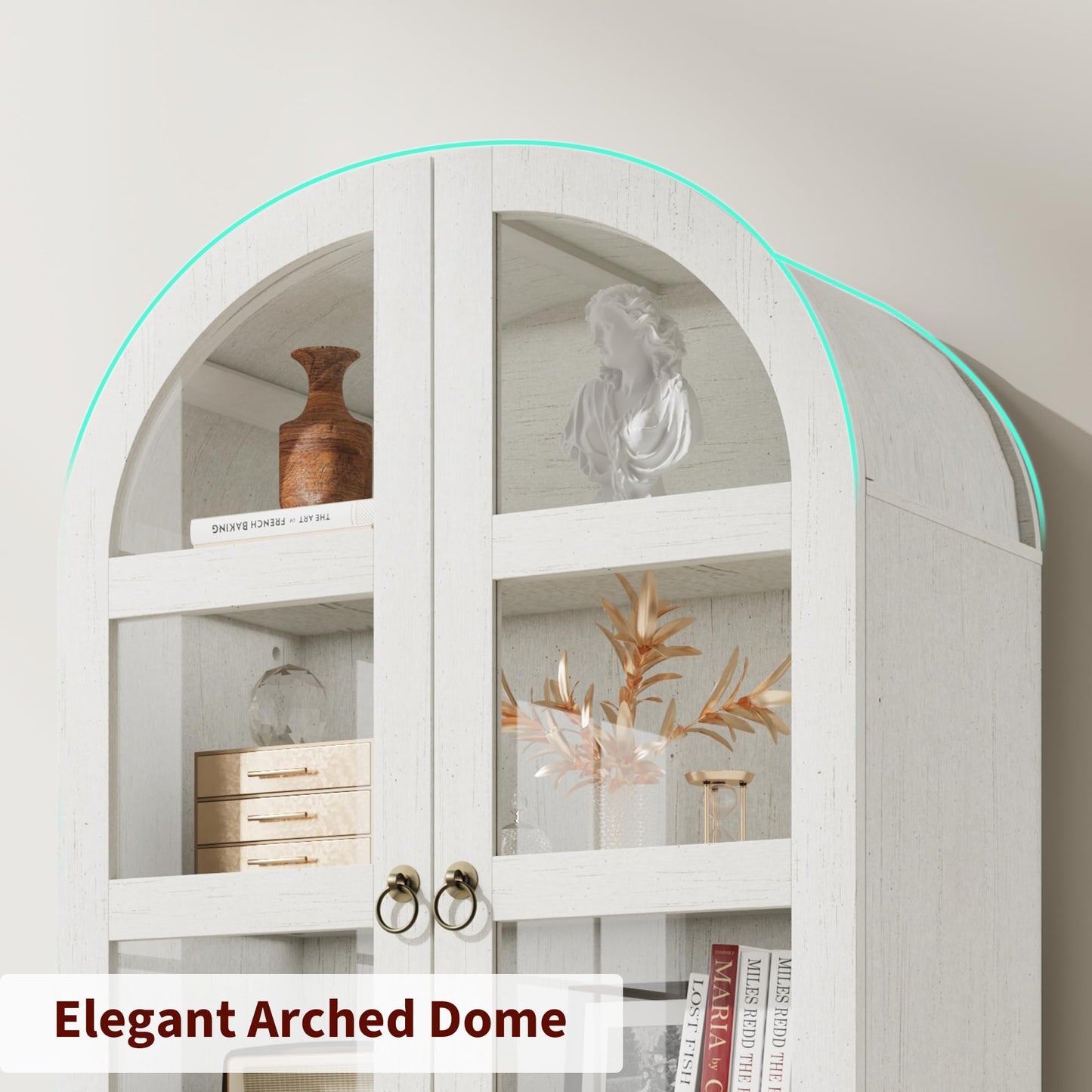 GarveeHome 71" Tall Arched Bookcase Cabinet, Wood Arched Bookshelf with Doors & Drawers, Large Arch Display Bookcase Cabinet with Storage, Farmhouse Storage Cabinet for Office Living Room, Retro White