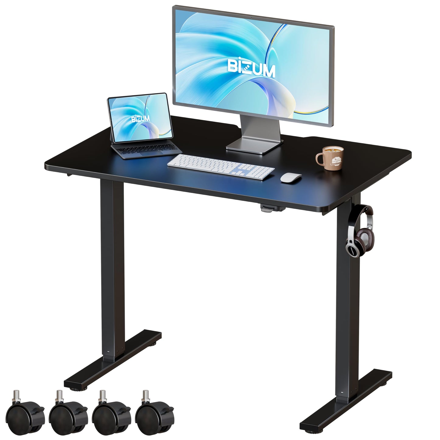 BIZUM 35.4" Small Electric Standing Desk Height Adjustable, Whole Piece Stand Up Computer Desk Work Study Writing Gaming Desks for Home Office Black