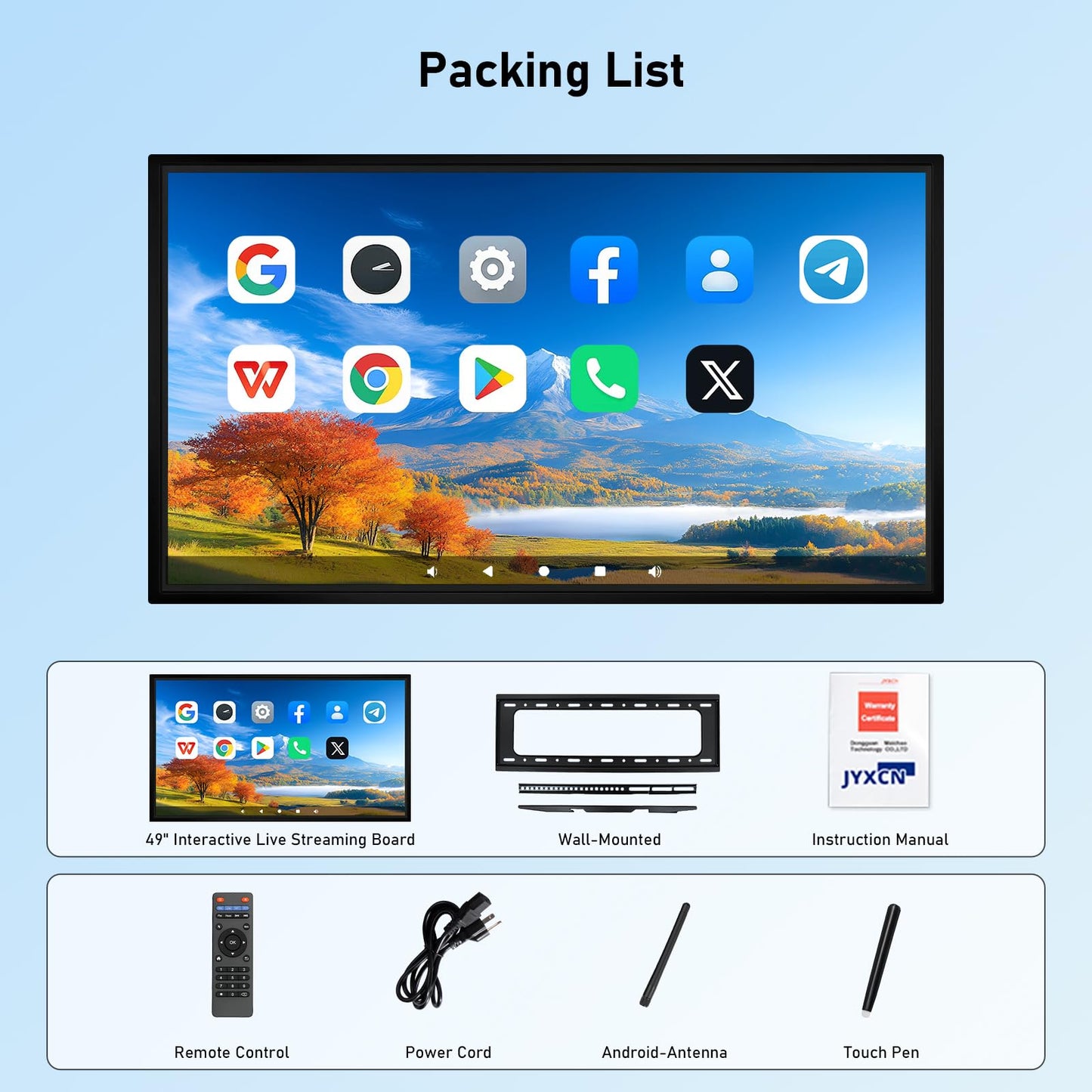Smart Board 49 Inch Interactive Whiteboard, RK3588 Flagship Chip 6ms Low Latency, Android 12 8+64GB, Wireless Cast & Screen Mirroring, Overseas App Ready for Classroom Office Business Home(Board Only)