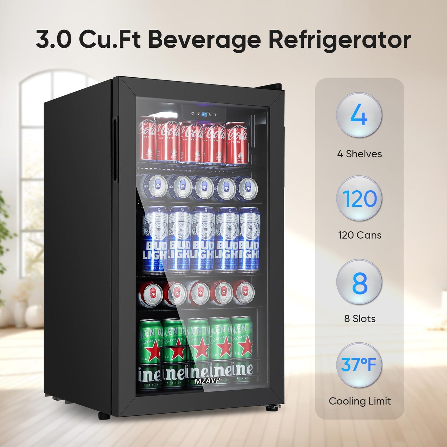 MZAVP 120 Cans Beverage Refrigerator Freestanding, Small Beverage Cooler with Glass Door, Mini Drink Fridge for Beer Soda, 3.0 Cu.Ft for Office, Home, Bar, White LED Light & Reversible Door - Black