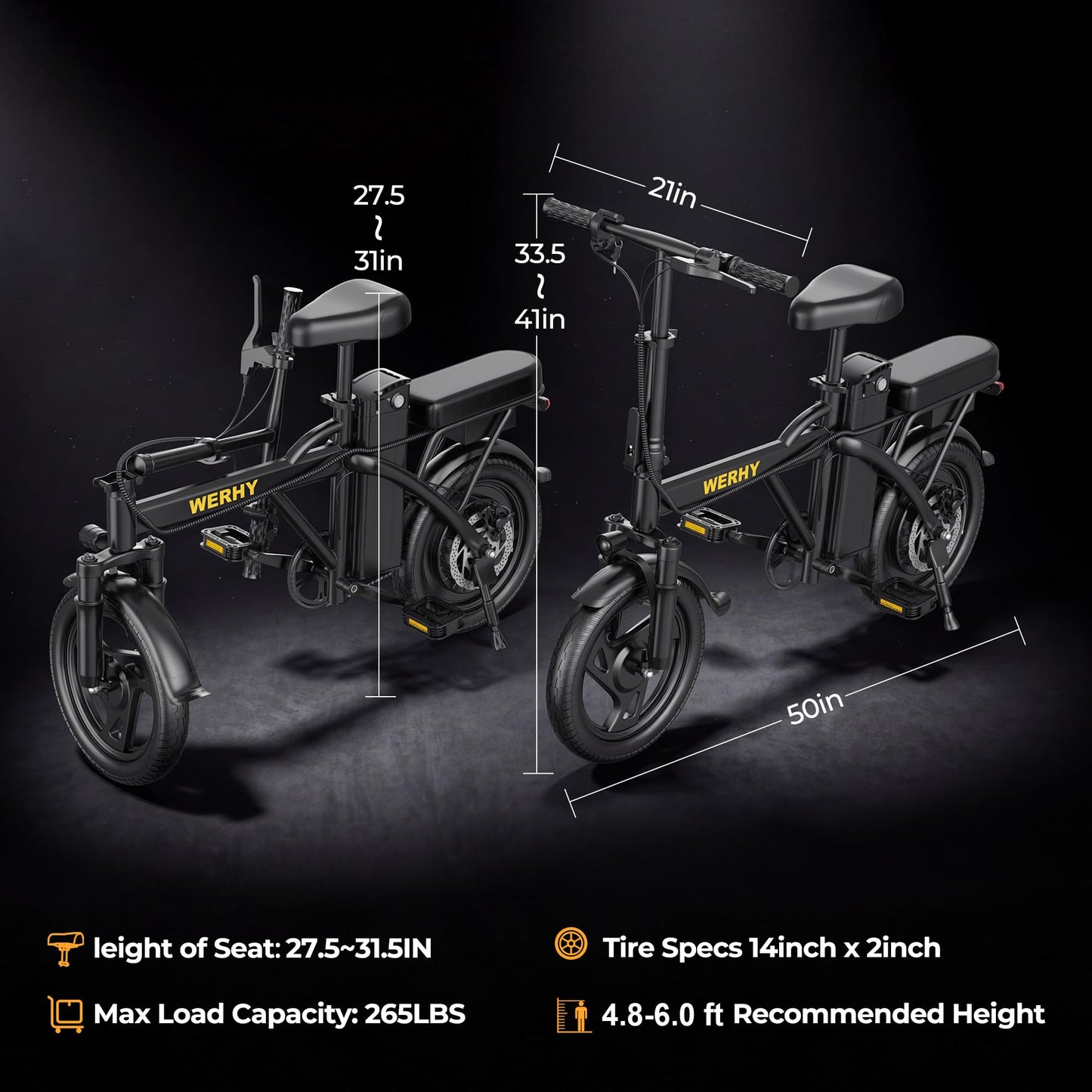 WERHY Electric Bike for Adults, 14" Tire Electric Dirt Bike with 48V Battery, Max 20/30 Miles Range (Pedal Assist Mode), Mini E Bikes