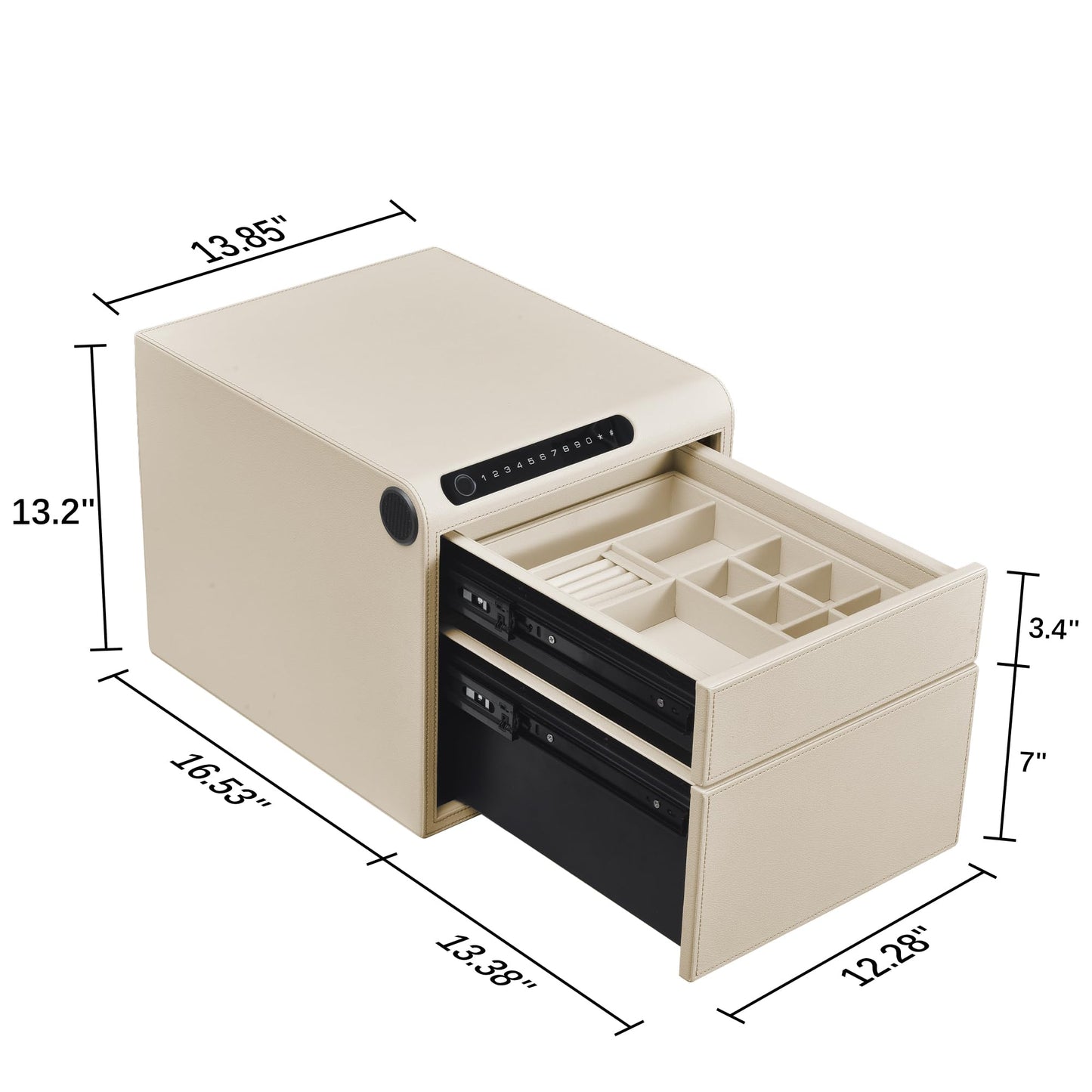 VALINIRT Jewelry Safe with Drawers，Biometric Fingerprint safe, Slide-Away Handgun Safe for Pistols, Leather Wrapped Jewelry Storage Safe, Digital Keypad & Quick-Access Drawer(White- 2 Drawer)