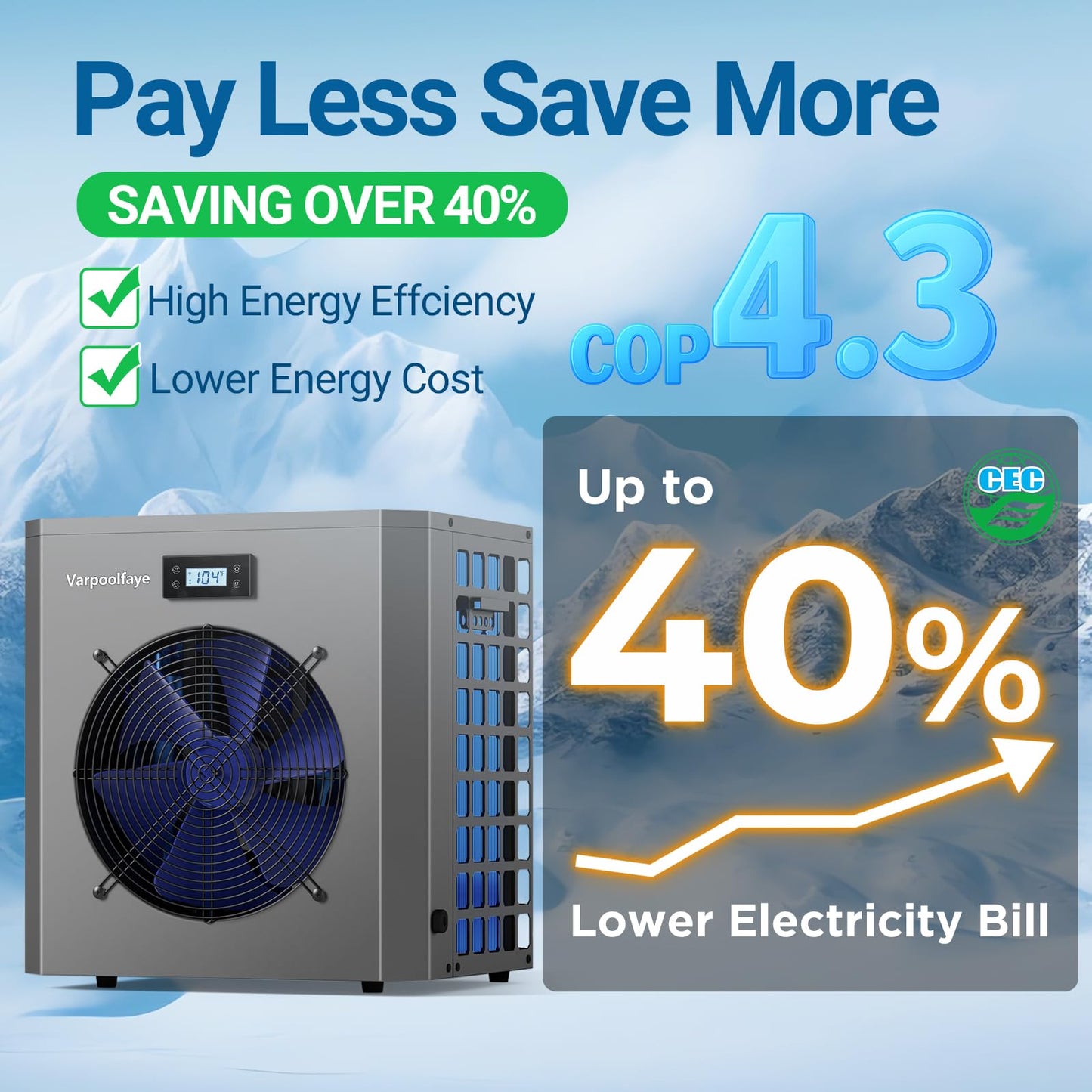 Varpoolfaye 16000 BTU Swimming Pool Heat Pump 5000 Gallon Electric Pool Heater for Above Ground Pool 5KW Heating or Cooling WiFi Control Timer Pool Heater 110V 60Hz
