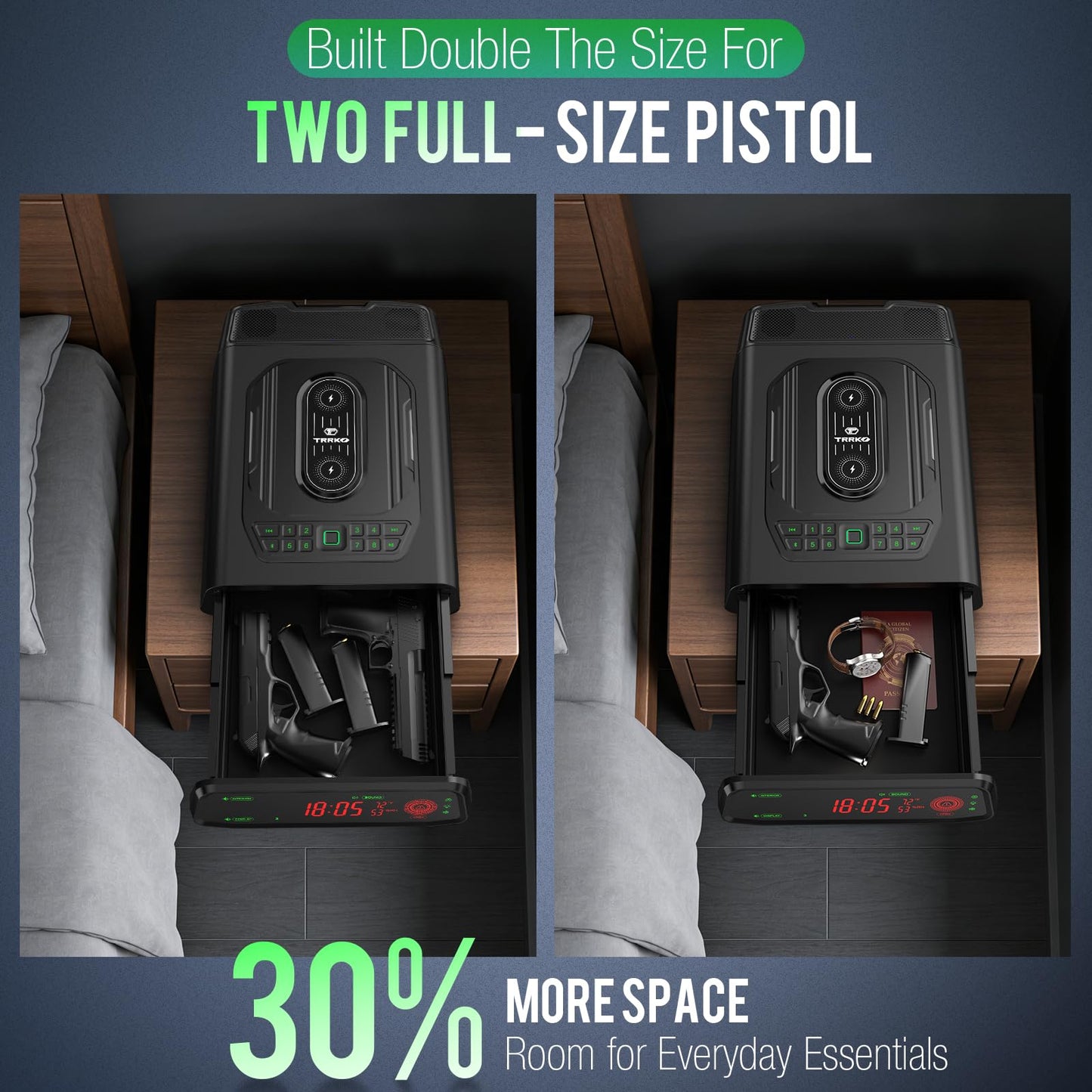 TRRKO Biometric Gun Safe with Built-in Speaker, High-Accuracy & Fast-Response Fingerprint, Wireless Charging Station, Fully Auto-Open Drawer, Fits 2 Pistols, Bedside Handgun Safe for Nightstand