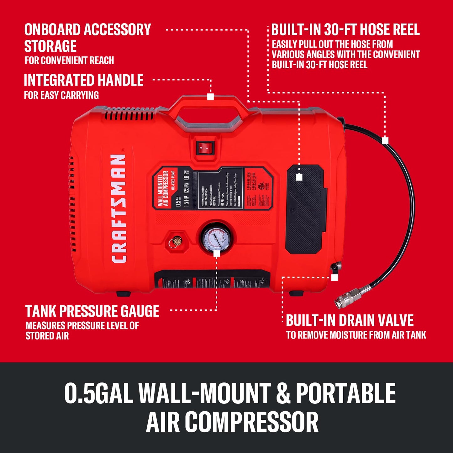 CRAFTSMAN Wall Mount Air Compressor With 8 PCS Accessory Kit, Tire Inflator Portable & Quiet Air Compressor with Retractable 30ft Air Hose, Mini Tank 125 PSI MAX Pressure & 1.5 HP for Garage and Home