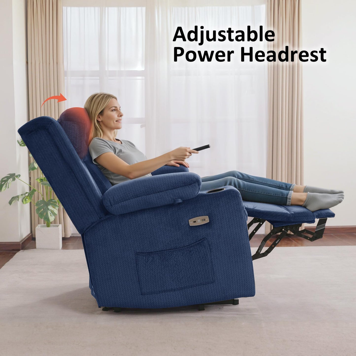 MCombo Triple Motor Power Lift Recliner with Massage and Heat, Electric Recliner Chair for Elderly People, Adjustable Headrest, Infinite Position, Cup Holders,USB Ports, Fabric 7661(Navy Blue, Medium)