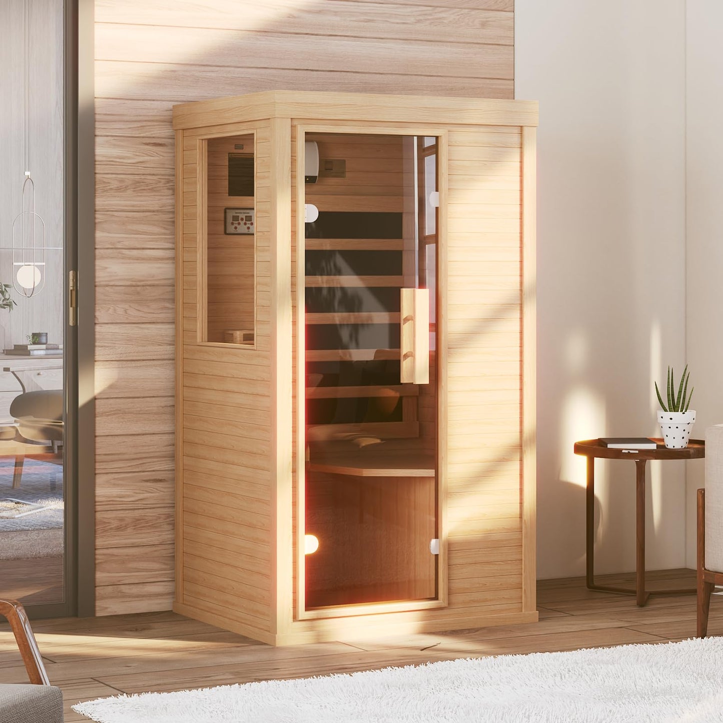 SunSwell Wood Infrared Sauna, 1 Person Traditional Home Sauna, Canadian Hemlock Indoor Dry Sauna Spa Room for Low EMF with Bluetooth Speakers and Control Panel, 32.67"x 27.55"x 59.44"