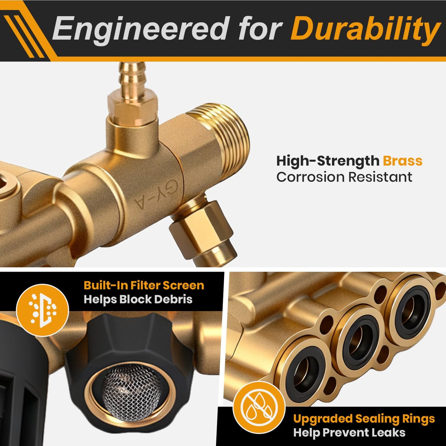 konzition Premium 7108746 AAA Pump Manifold Replacement Kit for AAA Pressure Washer Pump Model Numbers 530008, 530009, 530016, Heavy Duty 7108746 Manifold Kit with Hardware, Gold - Easy to Install