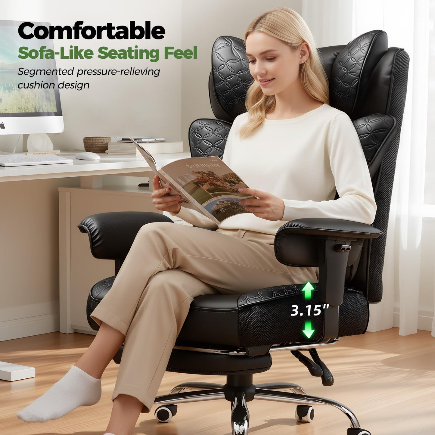 GTPLAYER Big and Tall Office Chair Wide Ergonomic Gaming Chair with Deluxe Embossing Designed Leather with Foot Rest,150°Reclining Adjustable Soft Armrests Pocket Spring Back Support and Pillow