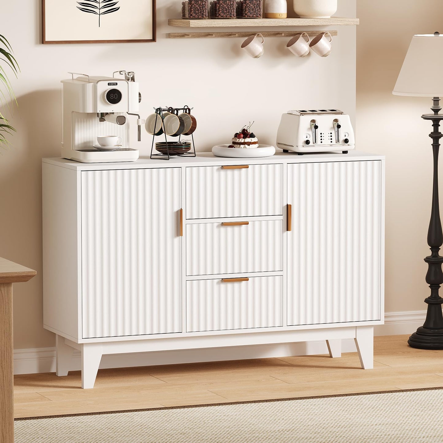 47.2" Fluted Buffet Cabinet, Mid-Century Sideboard with 2 Waveform Doors, Gold Handles, 3 Drawers & Adjustable Shelves, Coffee Bar TV Stand for Living Room Kitchen- White
