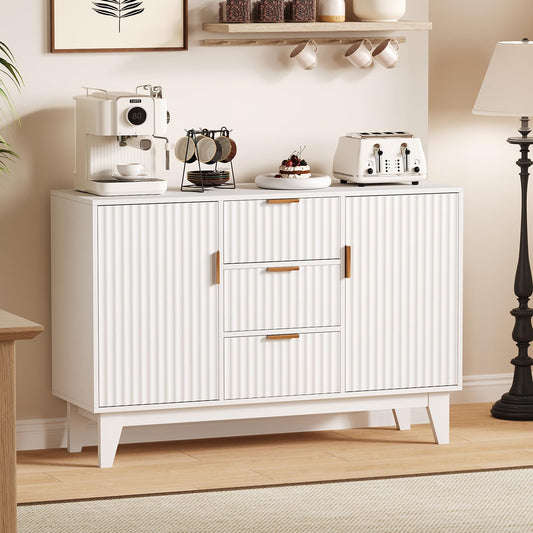 47.2" Fluted Buffet Cabinet, Mid-Century Sideboard with 2 Waveform Doors, Gold Handles, 3 Drawers & Adjustable Shelves, Coffee Bar TV Stand for Living Room Kitchen- White